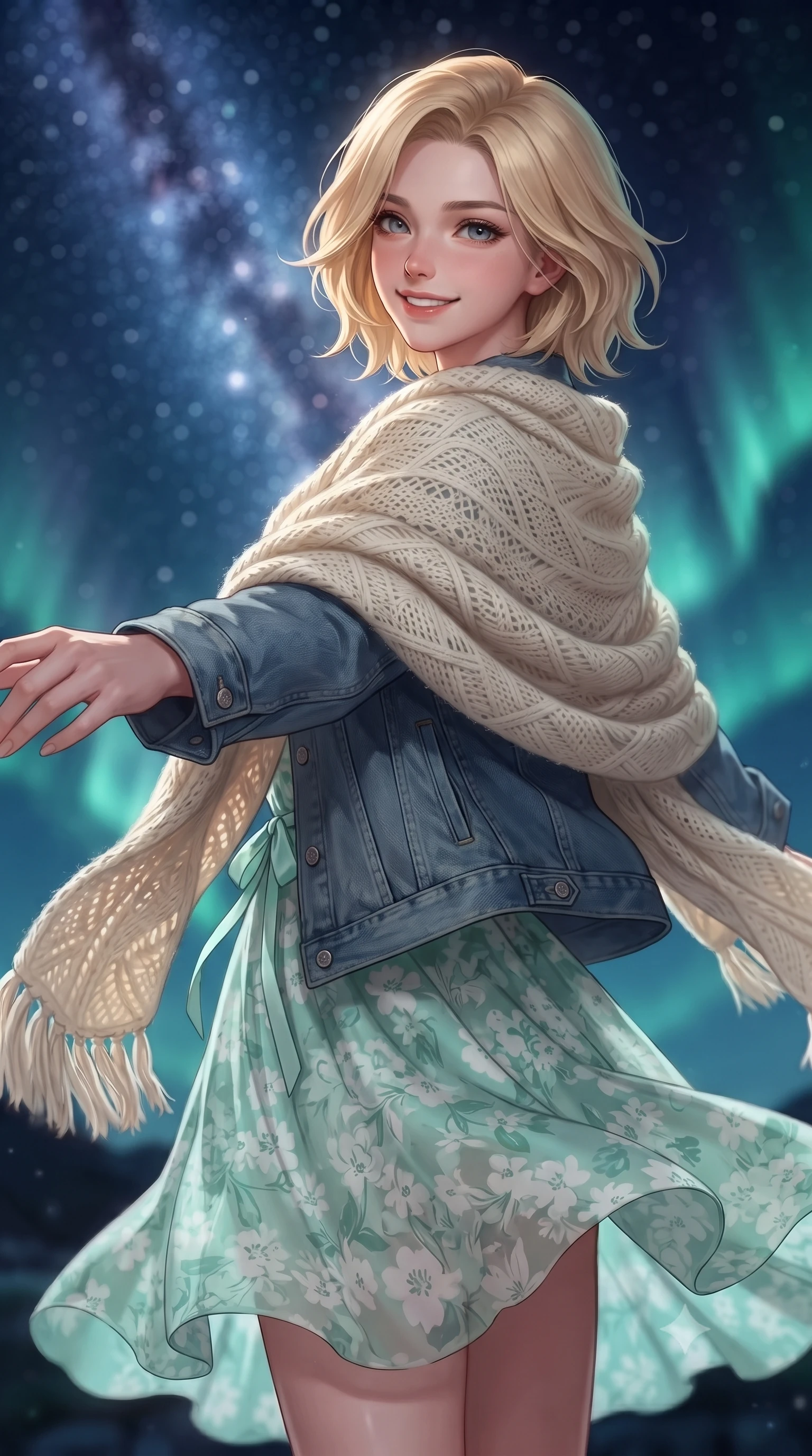 score_9, masterpiece, best quality, ultra-detailed, high-budget anime keyframe, editorial fashion photography, tasteful artistic composition, Caucasian woman. close-up cowboy shot from the waist and thighs up, the character dominates the composition, filling the frame with her large presence. extending one arm gracefully toward the scenery while turning back with an infectious, heartwarming smile while wrapping a cozy knitted shawl around her shoulders while looking into the camera with an intimate, lovely smile. The composition keeps background elements in soft focus with creamy bokeh. dazzling Milky Way star clusters and dancing emerald aurora ribbons blurred into deep indigo, teal, and celestial bokeh. She has an exceptionally elegant, slender, and willowy female figure with an ultra-slim waist, a gracefully sculpted slender torso, toned flat midriff, and a refined slim silhouette. sharp v-shaped jawline, high-bridge nose, intricate jewel-like eyes with depth, thick eyelashes, glossy lips with a natural sheen, pure and lovely fresh girlhood expression, flawlessly proportioned anatomical accuracy, strict slender model proportions, natural body alignment, perfectly sculpted long slender limbs, ultra-slim waistline, clean dynamic posture without body distortion. wearing a classic denim jacket worn lightly over shoulders with a floral print slip dress underneath in refreshing mint green and crisp sea-salt white, made of fine lightweight chiffon with a soft fluid drape, accented with a dainty ribbon bow at the waistline, the breezy lightweight fabric fluttering softly against her delicate collarbones, narrow waist, and feminine curves. surrounded by a magical, romantic, and breathtakingly wondrous starlit maiden aura. ultra-reflective glossy finish, specular highlights, rich natural textures, high-contrast stereoscopic depth, volumetric dynamic lighting, 2k, ultra detail, master piece, 9:16 ratio