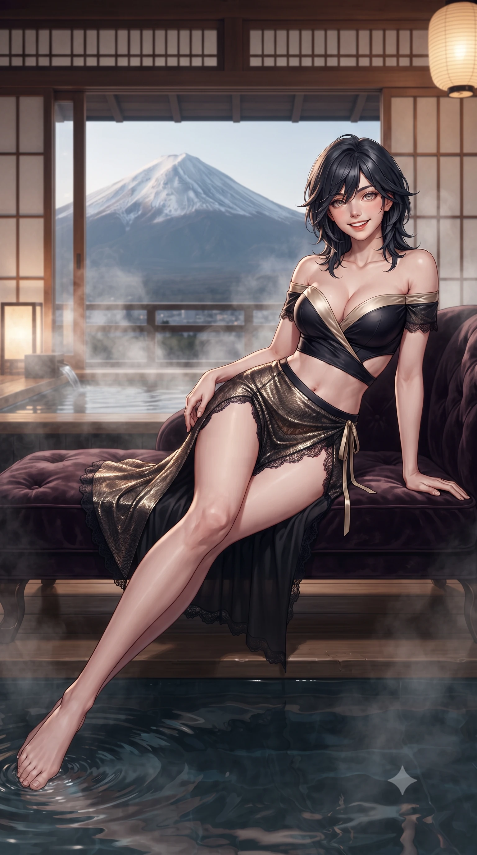 score_9, masterpiece, best quality, ultra-detailed, high-budget anime keyframe, editorial fashion photography, tasteful artistic composition, Caucasian woman. low angle full-body shot from head to toe showing her feet, filling the entire 9:16 vertical frame with her statuesque presence, stretching her vertical silhouette. reclining gracefully across the plush chaise lounge with one leg extended, her sculpted silhouette and flat midriff radiating magnetic nocturnal glamour while lounging in the steaming onsen bath with water lapping at her waist and legs extended, displaying her long slender limbs and statuesque hourglass silhouette against Fuji-san. The background shows a soft-focus wisps of fragrant mineral onsen steam softened in private Japanese ryokan sanctuary shallow focus. She has an exceptionally tall and slender model-like 8.5-heads proportion, an ultra-slim waist, a flat toned midriff, narrow delicate ribcage, and beautifully sculpted feminine hips creating a graceful, slim hourglass silhouette without any bulky heaviness, with impossibly long slender legs. sharp v-shaped jawline, high-bridge nose, intricate jewel-like sparkling eyes with depth, thick eyelashes, glossy parted lips with a natural peach sheen, bright cheerful beaming smile with an enchanting and coquettish sensual glint, exuding both youthful cute charm and seductive allure, flawlessly proportioned anatomical accuracy, strict slender model proportions, natural body alignment, perfectly sculpted long slender limbs, ultra-slim waistline, clean dynamic posture without body distortion. wearing an alluring plunge-front off-the-shoulder crop top with asymmetrical side-torso cutouts and a high-slit wrap skirt in deep midnight obsidian black and champagne gold, crafted from stretch micro-mesh with liquid foil coating that shimmers with every movement, finished with scalloped eyelash lace trim framing her sweetheart neckline with intimate elegance, the second-skin tailored fabric adhering flawlessly to her sculpted flat midriff and slender torso, emphasizing her long leg lines and perfectly proportioned willowy build. bathed in the warm 2500K glow of Japanese washi paper floor lanterns mixed with crisp silver moonlight on Mount Fuji's snows. ultra-reflective glossy finish, specular highlights, rich textural contrasts, high-contrast stereoscopic depth, volumetric dynamic lighting, 2k, ultra detail, master piece, 9:16 ratio