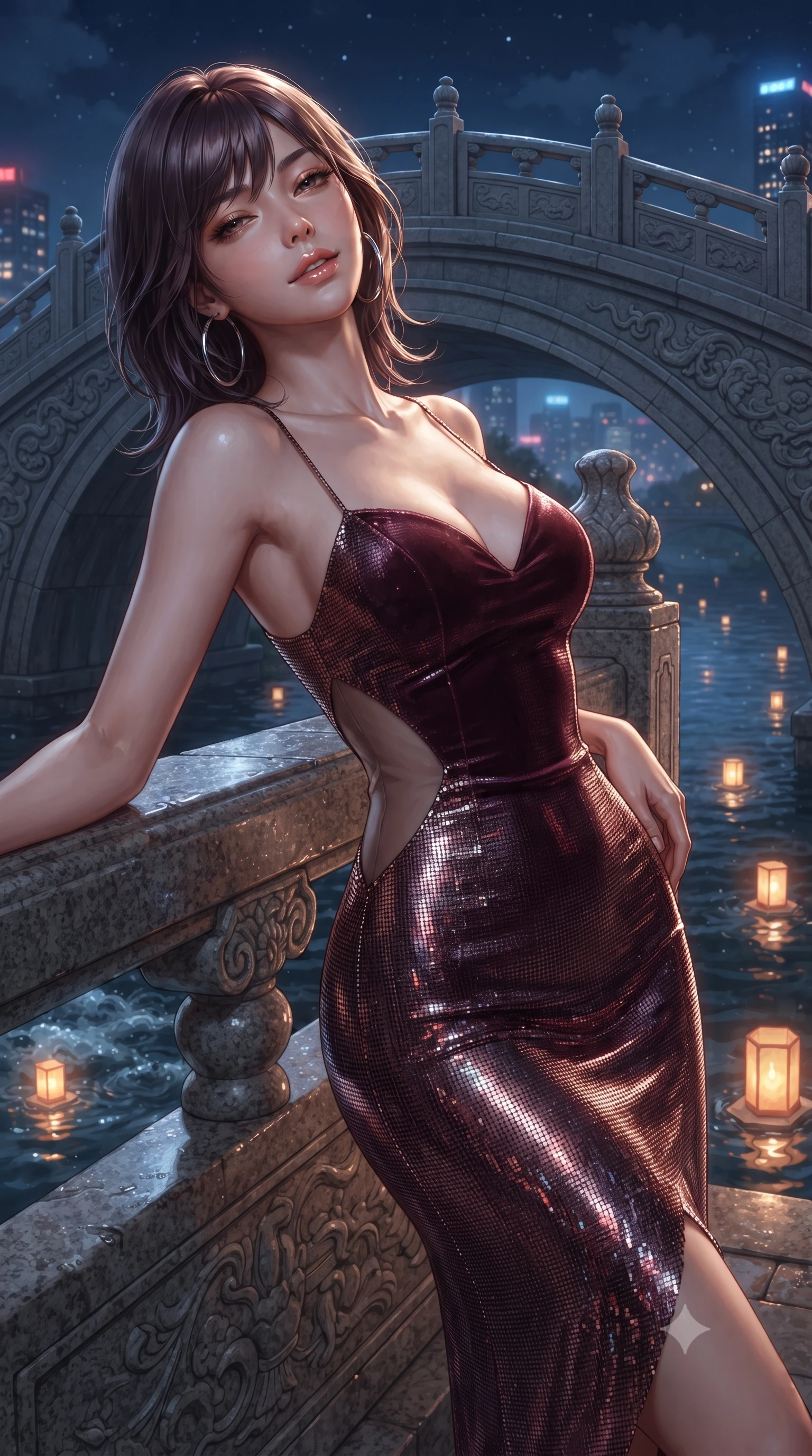 score_9, masterpiece, best quality, ultra-detailed, high-budget anime keyframe, editorial fashion photography, tasteful artistic composition, Japanese woman. close-up cowboy shot from the waist and thighs up, the character dominates the composition, filling the frame with her large presence. leaning back against the balustrade with relaxed seductive grace, head tilted back slightly while casting a hypnotic, heavy-lidded gaze while standing poised on the arched granite bridge above the bubbling stream, arching her back with breathless fairy-tale allure. The surrounding environment is rendered in vivid detail and crisp panoramic clarity: detailed sheer silk garment weave, sparkling eyes with athletic depth, and classic bridge relief in razor-sharp precision. She has an exceptionally elegant, slender, and willowy female figure with an ultra-slim waist, flat toned midriff, narrow ribcage, and sculpted feminine hips creating an alluring, slim hourglass silhouette without bulk. sharp v-shaped jawline, high-bridge nose, sparkling eyes with hypnotic seductive depth, thick curled eyelashes, glossy parted lips with a natural dewy peach sheen, alluring bedroom-eyes with an enchanting coquettish smile, exuding magnetic siren charisma and sophisticated glamour, flawlessly proportioned anatomical accuracy, strict slender model proportions, natural body alignment, perfectly sculpted long slender limbs, ultra-slim waistline, clean dynamic posture without body distortion. wearing a deep sweetheart-neckline velvet bodycon dress with sheer side-torso cutouts accentuating her hourglass curves in smoky bordeaux wine and gilded bronze, crafted from shimmering fluid chainmail mesh reflecting ambient neon lights, accented with oversized polished chrome hoop earrings catching the ambient neon glow, the form-contouring silhouette accentuating her sculpted flat midriff, narrow delicate ribcage, and gracefully curvy hips with intoxicating allure. bathed in radiant celestial moonlight combined with floating candle lantern glows from the stream. ultra-reflective glossy finish, specular highlights, rich textural contrasts, high-contrast stereoscopic depth, volumetric dynamic lighting, 2k, ultra detail, master piece, 9:16 ratio