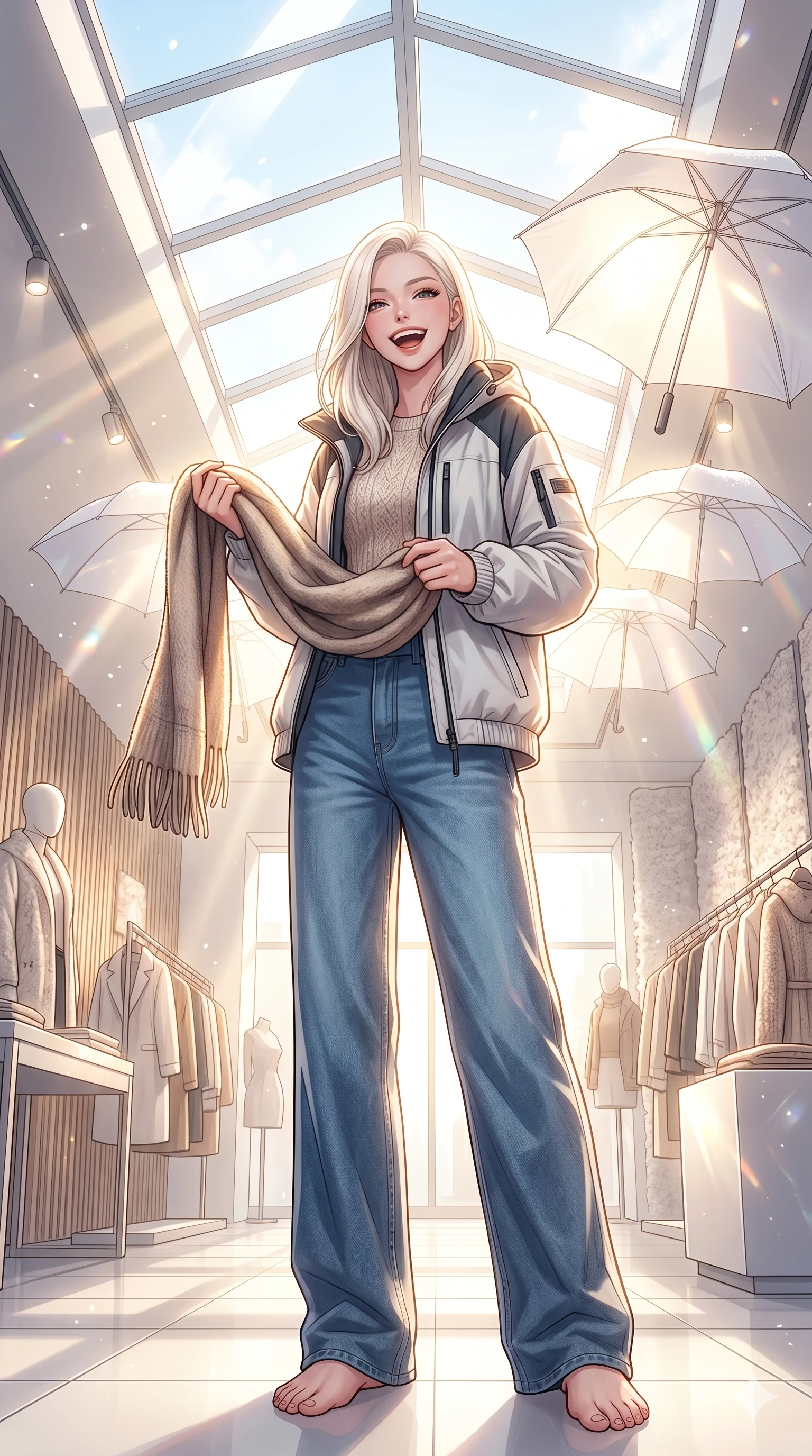 score_9, masterpiece, best quality, ultra-detailed, high-budget anime keyframe, vibrant anime aesthetic, Caucasian woman, strictly human ears. low angle full-body shot from head to toe showing her feet, filling the entire 9:16 vertical frame with her statuesque presence, stretching her vertical silhouette. She is posing with a cheerful laugh while holding a warm woolen scarf inside a designer showroom featuring the winter collection, under bright skylights (Code-P21-019). She has an absolutely perfect 8-heads proportion, an exceptionally tall and slender female figure with impossibly long slender legs and an ultra-slim waist. V-shaped jawline, high-bridge nose, intricate jewel-like eyes with depth, thick eyelashes, glossy lips with a natural sheen. wearing a high-fashion windbreaker over a knit top and wide-leg denim in winter. She is surrounded by bright sunbeams reflecting off white umbrellas, creating a luminous winter glow. 2k, ultra detail, master piece, 9:16 ratio