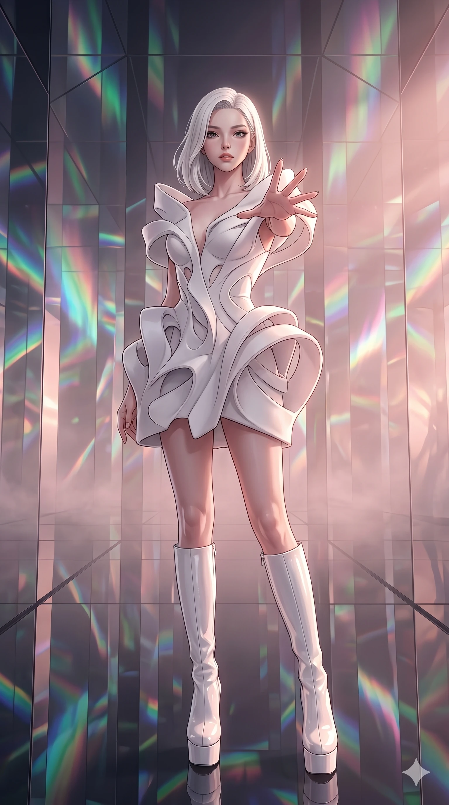 score_9, masterpiece, best quality, ultra-detailed, high-budget anime keyframe, editorial fashion photography, tasteful artistic composition, Korean woman. cowboy shot from the thighs up, character and outfit filling the frame for maximum editorial presence. Reaching one hand toward the lens with elegant authority inside an infinite obsidian hall of mirrors reflecting fractured aurora borealis patterns. She has an absolutely perfect 8-heads proportion, an exceptionally tall and slender female figure with impossibly long slender legs and an ultra-slim waist. V-shaped jawline, high-bridge nose, intricate jewel-like eyes with depth, thick eyelashes, glossy lips with a natural sheen. wearing a sculptural all-white architectural foam-sculpted avant-garde couture mini dress with dramatic three-dimensional cutwork and voluminous structural silhouette, worn with tall glossy white platform boots. bathed in soft rose-gold dawn light filtering through atmospheric volumetric fog. 2k, ultra detail, master piece, 9:16 ratio