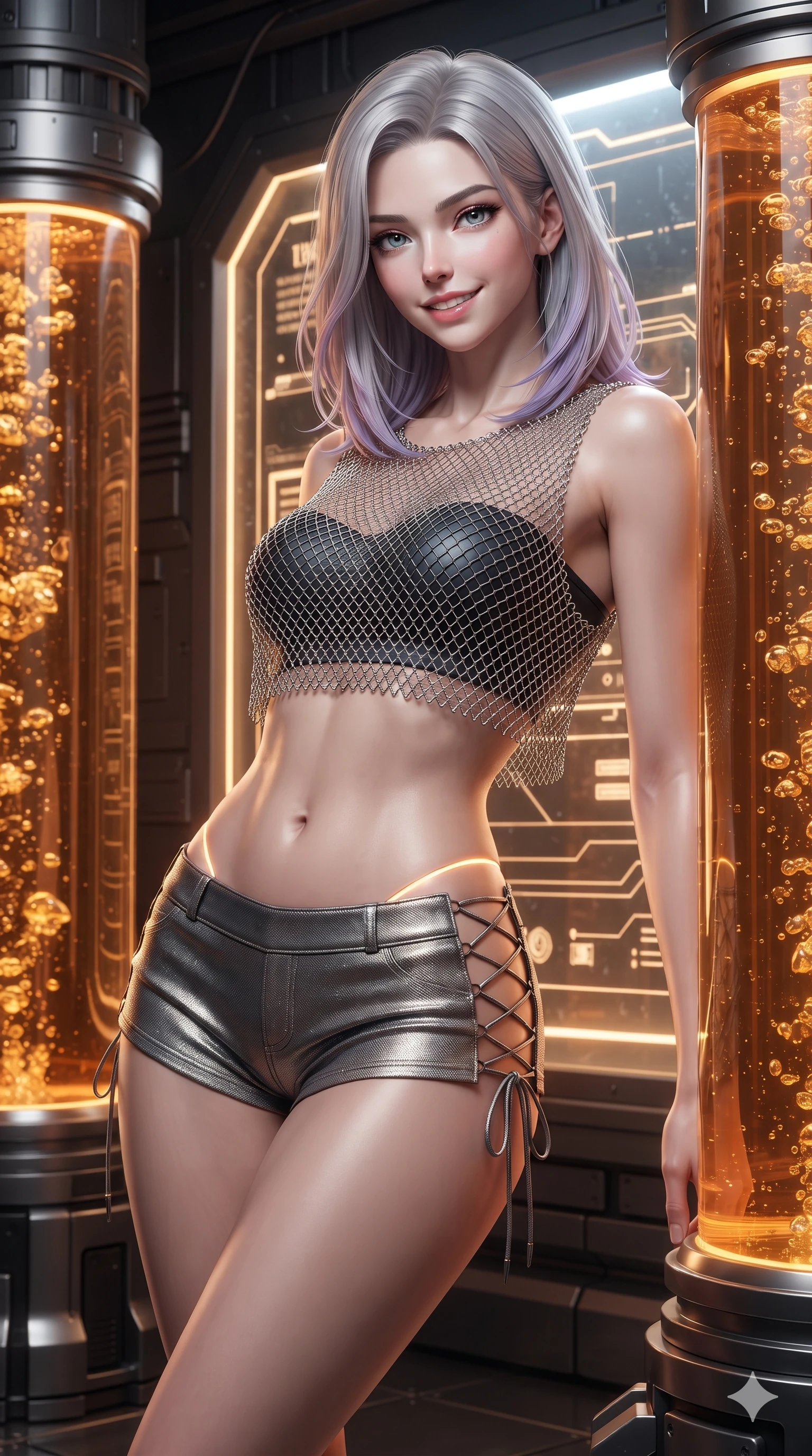 score_9, masterpiece, best quality, ultra-detailed, high-budget anime keyframe, editorial fashion photography, tasteful artistic composition, Caucasian woman. close-up cowboy shot from the waist and thighs up, the character dominates the composition, filling the frame with her large presence. leaning back against the glowing maintenance bulkhead with relaxed seductive grace, her flat midriff and narrow waist highlighted as laser ambient light traces her curves while standing poised between towering cylindrical coolant columns filled with bubbling amber liquid, arching her lower back with magnetic supermodel poise. The surrounding environment is rendered in vivid detail and crisp panoramic clarity: crisp tactical fabric texture, polished chrome harness rings, and industrial architecture in razor-sharp precision. She has an exceptionally elegant, slender, and willowy female figure with an ultra-slim waist, flat toned midriff, narrow ribcage, and sculpted feminine hips creating an alluring, slim hourglass silhouette without bulk. sharp v-shaped jawline, high-bridge nose, intricate jewel-like sparkling eyes with depth, thick eyelashes, glossy parted lips with a natural sheen, bright confident smile with an enchanting and coquettish sensual glint, exuding both youthful magnetic charm and sovereign high-tech allure, flawlessly proportioned anatomical accuracy, strict slender model proportions, natural body alignment, perfectly sculpted long slender limbs, ultra-slim waistline, clean dynamic posture without body distortion. wearing a delicate silver chainmail mesh crop top layered over a sculpted matte black bandeau with low-rise combat shorts in metallic graphite and starlight platinum, woven from high-density tech-wool with subtle metallic thread weave, featuring fine criss-cross lace-up side ties revealing tantalizing glimpses of her hip curve, the form-fitting tactical tailoring adhering flawlessly to her sculpted flat midriff and slender torso, emphasizing her long leg lines and perfectly proportioned willowy build. illuminated by floor puddle reflections and sharp amber-white rim lights carving her sculpted collarbones, ultra-slim waist, and curvy hips. ultra-reflective glossy finish, specular highlights, rich textural contrasts, high-contrast stereoscopic depth, volumetric dynamic lighting, 2k, ultra detail, master piece, 9:16 ratio