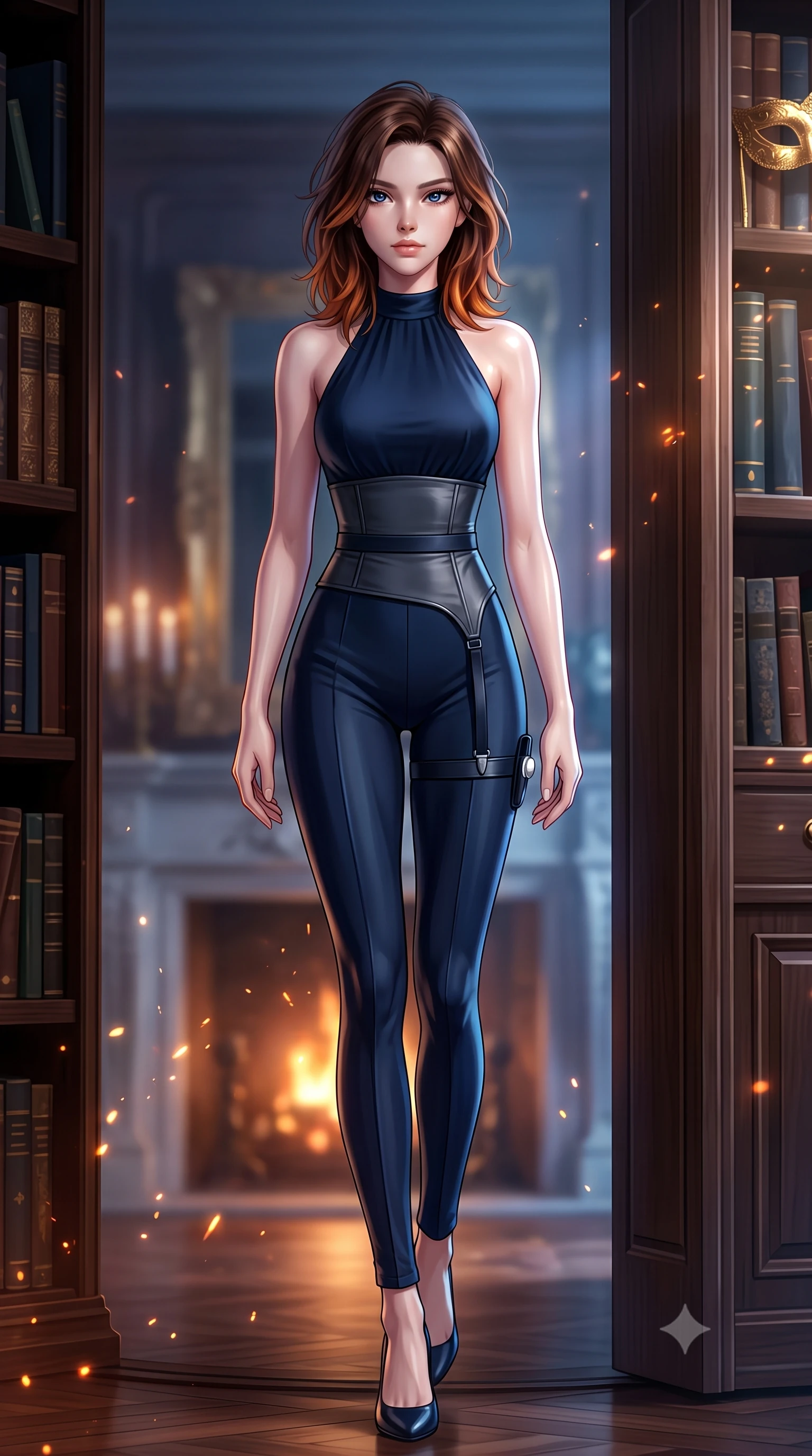 score_9, masterpiece, best quality, ultra-detailed, high-budget anime keyframe, semi-realistic 3D game render, editorial fashion photography, tasteful artistic composition, Korean woman. low angle full-body shot from head to toe showing her feet, filling the entire 9:16 vertical frame with her statuesque presence, stretching her vertical silhouette. stepping forward gracefully in mid-motion, displaying her toned flat midriff and flawlessly sculpted slender limbs while slipping through a secret revolving bookcase door from the grand library with sovereign stealth and fluid grace. The composition keeps background elements in soft focus with creamy bokeh. flickering fireplace sparks and gold leaf mask reflections scattering warm radiant light motes. She has an absolutely perfect, statuesque 8.5-heads proportion, an exceptionally tall and slender model-like female figure with impossibly long slender legs, a toned flat midriff, and an ultra-slim waist. sharp v-shaped jawline, high-bridge nose, intricate jewel-like eyes with depth, thick eyelashes, glossy lips with a natural sheen, captivating and magnetic expression, flawlessly proportioned anatomical accuracy, strict slender model proportions, natural body alignment, perfectly sculpted long slender limbs, ultra-slim waistline, clean dynamic posture without body distortion. wearing a high-society undercover halter-neck jumpsuit with a tailored deep-V back and integrated tactical waist cincher in deep midnight blue and brushed gunmetal, tailored from fluid silk crepe with inner ballistic reinforcement, accessorized with a sleek concealed garter holster and pearl ear transmitter, the sleek tailored cut tightly hugging her graceful clavicle, narrow waist, and feminine curves with statuesque precision. illuminated by crisp specular highlights tracing her bare clavicle, ultra-slim waist, and flowing gown. highly saturated vibrant anime colors, detailed shading with soft gradients, rich glossy textures, high-contrast stereoscopic depth, volumetric dynamic lighting, master piece, 9:16 ratio