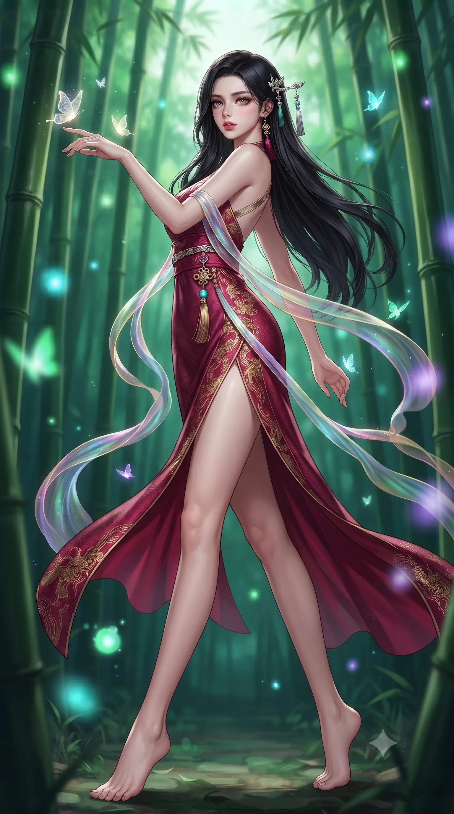score_9, masterpiece, best quality, ultra-detailed, high-budget anime keyframe, editorial fashion photography, tasteful artistic composition, Korean woman. low angle full-body shot from head to toe showing her feet, filling the entire 9:16 vertical frame with her statuesque presence, stretching her vertical silhouette. pivoting dynamically with supreme athletic balance and poise, her impossibly long slender legs creating a breathtaking line while pivoting gracefully around towering green bamboo stalks as ethereal glowing butterflies dance around her fingertips. The composition keeps background elements in soft focus with creamy bokeh. towering bamboo groves and floating spirit orbs blurred into luminous emerald, cyan, and amethyst bokeh. She has an absolutely perfect, statuesque 8.5-heads proportion, an exceptionally tall and slender model-like female figure with impossibly long slender legs, a toned flat midriff, and an ultra-slim waist. sharp v-shaped jawline, high-bridge nose, intricate jewel-like eyes with depth, thick eyelashes, glossy lips with a natural sheen, captivating and magnetic expression, flawlessly proportioned anatomical accuracy, strict slender model proportions, natural body alignment, perfectly sculpted long slender limbs, ultra-slim waistline, clean dynamic posture without body distortion. wearing a zero-gravity celestial dancer gown with cascading iridescent ribbons and bare back harness in imperial gold and deep crimson silk, woven from fine mulberry silk with metallic thread embroidery, accented with a glowing metallic norigae knot charm and silver hairpin, the sleek tailored cut tightly hugging her graceful clavicle, narrow waist, and feminine curves with statuesque precision. surrounded by an enchanting, mysterious, and captivating oriental spirit sorceress aura. ultra-reflective glossy finish, specular highlights, rich textural contrasts, high-contrast stereoscopic depth, volumetric dynamic lighting, 2k, ultra detail, master piece, 9:16 ratio