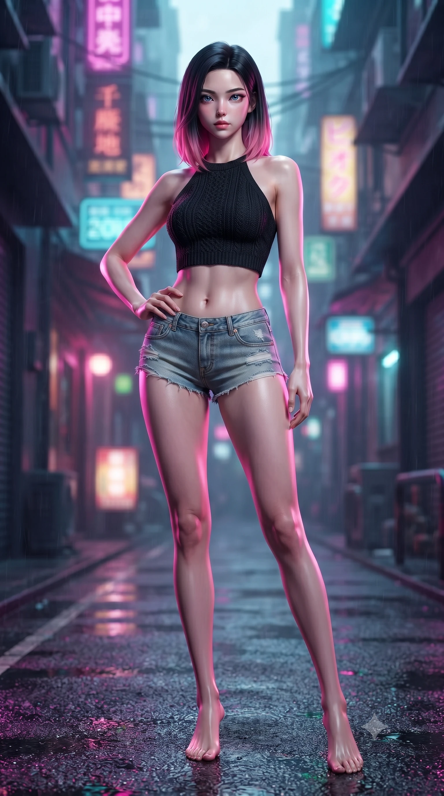 score_9, masterpiece, best quality, ultra-detailed, high-budget anime keyframe, editorial fashion photography, tasteful artistic composition, Korean woman. low angle full-body shot from head to toe showing her feet, filling the entire 9:16 vertical frame with her statuesque presence, stretching her vertical silhouette. posing confidently with one hand on her hip, stretching her statuesque body to emphasize her curves the background shows a soft-focus a private rain-slicked alleyway under flickering neon signs in a futuristic cityscape. She has an absolutely perfect, statuesque 8.5-heads proportion, an exceptionally tall and slender model-like female figure with impossibly long slender legs and an ultra-slim waist. sharp v-shaped jawline, high-bridge nose, intricate jewel-like eyes with depth, thick eyelashes, glossy lips with a natural sheen. wearing a body-hugging chic knit halter crop top paired with denim micro-shorts, showing her delicately sculpted midriff. vibrant magenta and cyan neon rim light casting sharp reflections on the wet asphalt. ultra-reflective glossy finish, specular highlights, metallic sheen, high-contrast stereoscopic depth, volumetric dynamic lighting, 2k, ultra detail, master piece, 9:16 ratio