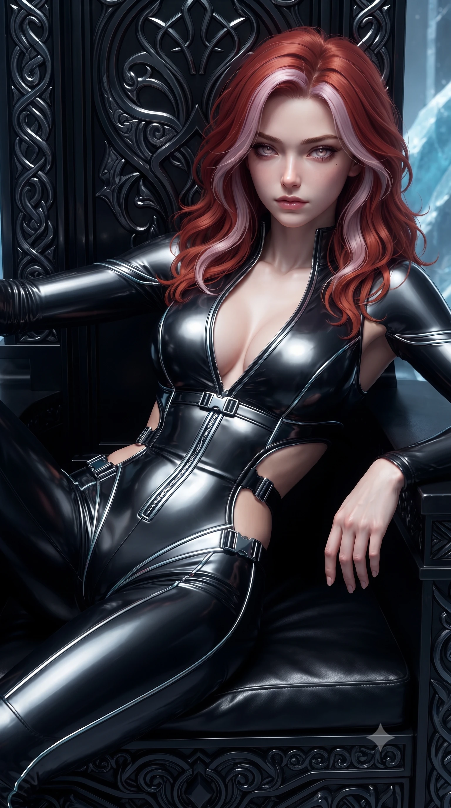 score_9, masterpiece, best quality, ultra-detailed, high-budget anime keyframe, editorial fashion photography, tasteful artistic composition, Caucasian woman. close-up cowboy shot from the waist and thighs up, the character dominates the composition, filling the frame with her large presence. leaning back with relaxed seductive grace, her sculpted collarbones and narrow waist highlighted as she casts smoldering bedroom-eyes directly into the camera while reclining on a carved obsidian throne propped on one elbow, eyes glowing with supernatural magnetism as she glances past the camera. The surrounding environment is rendered in vivid detail and crisp panoramic clarity. sharp chrome runestone carvings, glacier ice fissure clarity, and titanium armor panel seams in deep focus. She has an exceptionally elegant, slender, and willowy female figure with an ultra-slim waist, a gracefully sculpted slender torso, toned flat midriff, and rounded feminine hips creating an alluring hourglass silhouette. sharp v-shaped jawline, high-bridge nose, intricate jewel-like eyes with depth, thick eyelashes, glossy parted lips with a natural sheen, intensely captivating and seductive bedroom-eyes expression, flawlessly proportioned anatomical accuracy, strict slender model proportions, natural body alignment, perfectly sculpted long slender limbs, ultra-slim waistline, clean dynamic posture without body distortion. wearing a plunging-V neckline metallic speedsuit with bold side-torso cutouts and quick-release buckles in pitch-black vinyl and specular chrome trim, tailored from second-skin aerodynamic stretch vinyl with specular sheen, finished with quick-release titanium buckles and neon-reflective piping, the liquid-tight tailored fabric clinging flawlessly to her narrow waist and rounded feminine hips, emphasizing every millimeter of her sculpted hourglass curves during movement. surrounded by an indomitable, lethal, and breathtakingly majestic cyber-valkyrie goddess aura. ultra-reflective glossy finish, specular highlights, rich textural contrasts, high-contrast stereoscopic depth, volumetric dynamic lighting, 2k, ultra detail, master piece, 9:16 ratio