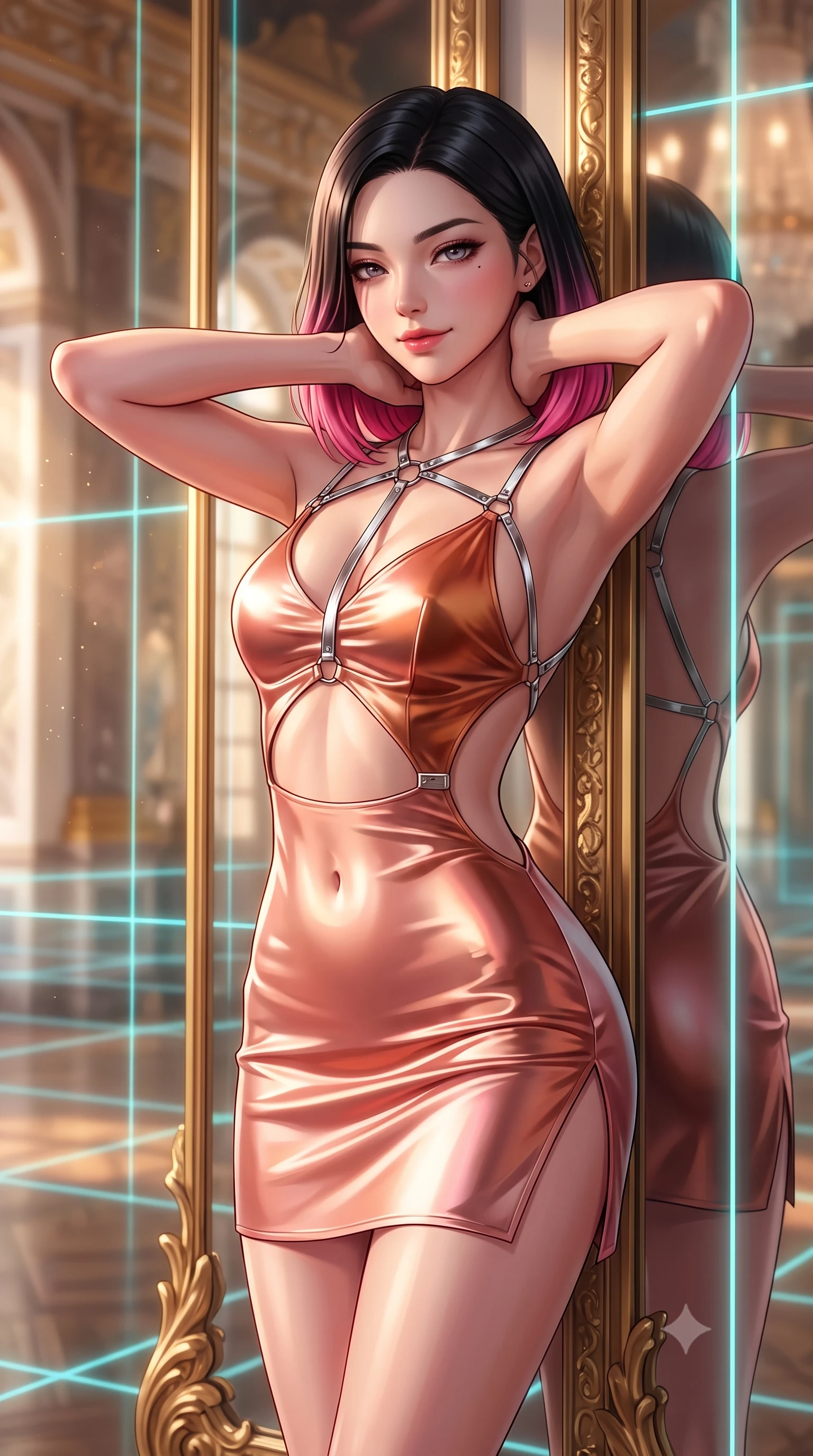 score_9, masterpiece, best quality, ultra-detailed, high-budget anime keyframe, semi-realistic 3D game render, editorial fashion photography, tasteful artistic composition, Korean woman. close-up cowboy shot from the waist and thighs up, the character dominates the composition, filling the frame with her large presence. resting both hands lightly behind her neck with elbows raised, arching her spine to highlight her narrow waist, flat midriff, and breathtaking collarbones while leaning against the gilded smart-mirror pier with hips cocked back, looking through infinite holographic reflections with intoxicated smoldering bedroom-eyes. The background shows a soft-focus golden hour dust motes softened in cybernetic Versailles mirror hall shallow focus. She has an exceptionally elegant, slender, and willowy female figure with an ultra-slim waist, flat toned midriff, narrow ribcage, and sculpted feminine hips creating an alluring, slim hourglass silhouette without bulk. sharp v-shaped jawline, high-bridge nose, intricate jewel-like sparkling eyes with depth, thick eyelashes, glossy parted lips with a natural peach sheen, bright cheerful beaming smile with an enchanting and coquettish sensual glint, exuding both youthful cute charm and seductive allure, flawlessly proportioned anatomical accuracy, strict slender model proportions, natural body alignment, perfectly sculpted long slender limbs, ultra-slim waistline, clean dynamic posture without body distortion. wearing a provocative open-waist cutout mini dress framed by polished chrome hardware and thigh-high slit in high-gloss rose-gold and burnished copper, crafted from fluid liquid silk satin that clings smoothly to her narrow waist and rounded hips with a dewy sheen, accented with a chrome-drop body harness subtly framing her dewy collarbones and spine, the precision-cut side openings and low-back scoop framing her graceful spine and the sensual sweep of her slim, toned hips. bathed in the blinding golden hour 2800K palace sunset mixed with delicate cyan laser grid lines. highly saturated vibrant anime colors, detailed shading with soft gradients, rich glossy textures, high-contrast stereoscopic depth, volumetric dynamic lighting, master piece, 9:16 ratio