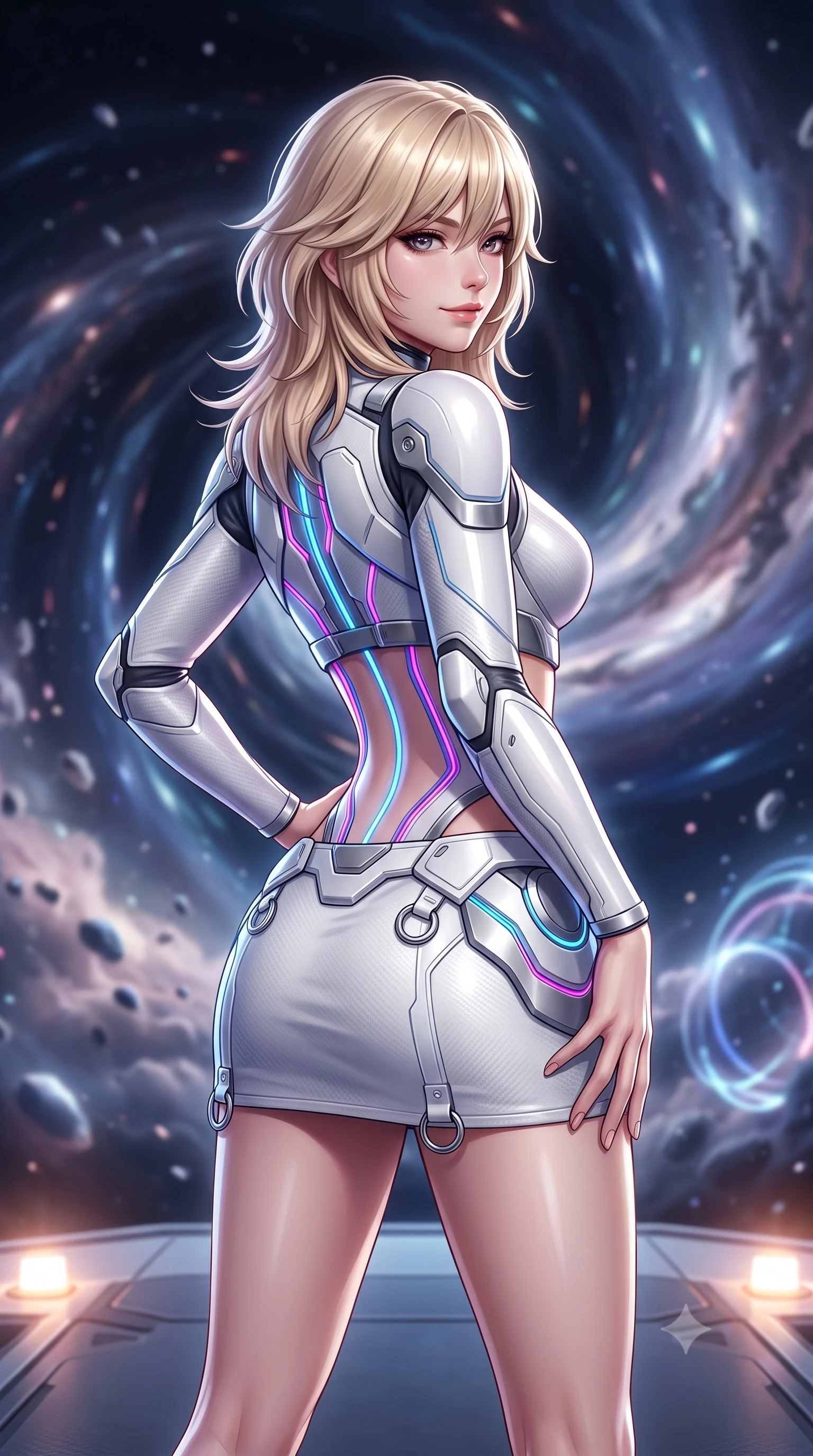 score_9, masterpiece, best quality, ultra-detailed, high-budget anime keyframe, semi-realistic 3D game render, editorial fashion photography, tasteful artistic composition, Japanese woman. close-up cowboy shot from the waist and thighs up, the character dominates the composition, filling the frame with her large presence. twisting her slender torso in an alluring contrapposto stance, one hand resting on her sculpted hip armor while glancing back with effortless sovereign poise while standing poised on the open launch platform facing the swirling cosmic hyperspace vortex, arching her spine with sovereign supermodel poise. The background shows a soft-focus floating particle clouds and charging energy coils softened in mind-bending cosmic launchpad shallow focus. She has an exceptionally elegant, slender, and willowy female figure with an ultra-slim waist, flat toned midriff, narrow ribcage, and sculpted feminine hips creating an alluring, slim hourglass silhouette without bulk. sharp v-shaped jawline, high-bridge nose, intricate jewel-like sparkling eyes with depth, thick eyelashes, glossy parted lips with a natural sheen, bright confident smile with an enchanting and coquettish sensual glint, exuding both youthful magnetic charm and sovereign high-tech allure, flawlessly proportioned anatomical accuracy, strict slender model proportions, natural body alignment, perfectly sculpted long slender limbs, ultra-slim waistline, clean dynamic posture without body distortion. wearing a modern mecha-suit two-piece set featuring a cropped armored bolero top and micro tactical skirt with chrome rings in pure alabaster white and brushed silver accents, crafted from lightweight aerodynamic matte carbon-fiber weave with structural stiffness, accented with glowing neon fiber-optic piping tracing her spine and hip lines, the form-fitting tactical tailoring adhering flawlessly to her sculpted flat midriff and slender torso, emphasizing her long leg lines and perfectly proportioned willowy build. illuminated by platform safety beacons and sharp platinum rim lights sculpting her razor-sharp jawline, narrow waist, and curvy hips. highly saturated vibrant anime colors, detailed shading with soft gradients, rich glossy textures, high-contrast stereoscopic depth, volumetric dynamic lighting, master piece, 9:16 ratio