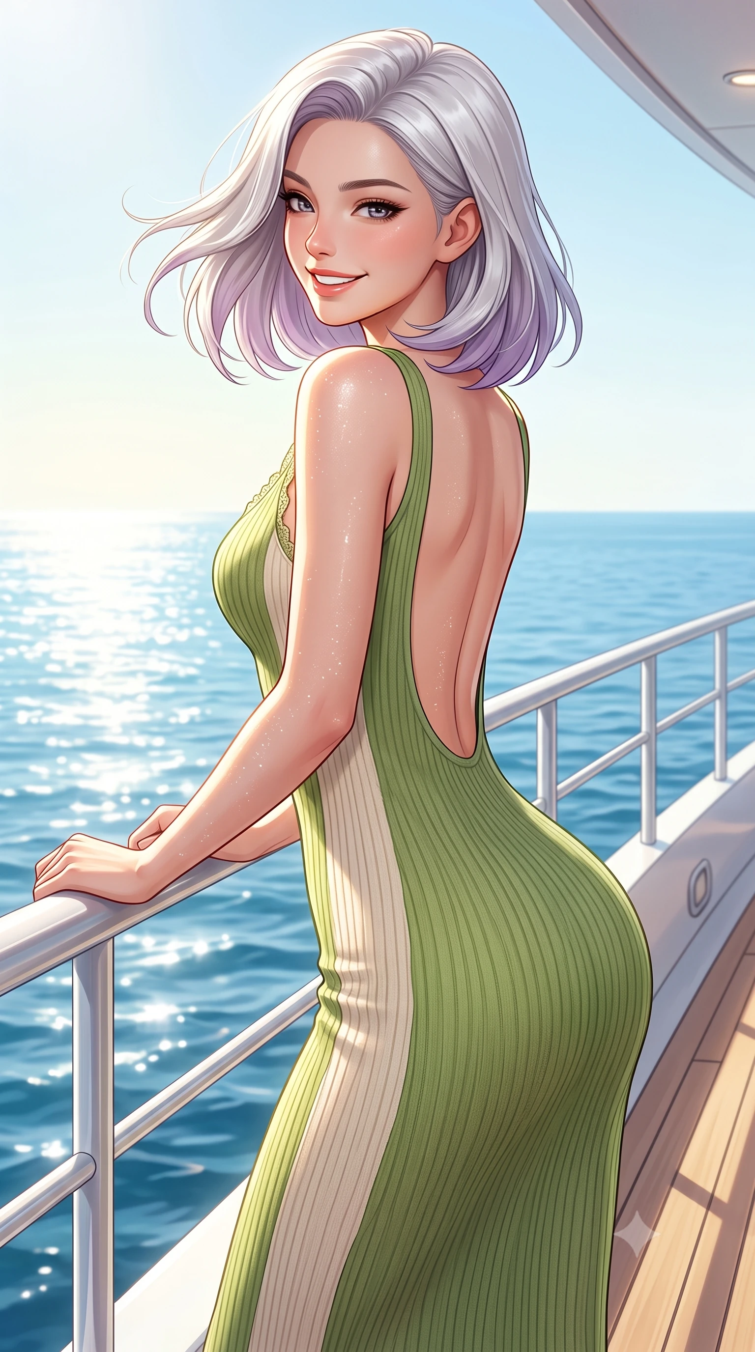score_9, masterpiece, best quality, ultra-detailed, high-budget anime keyframe, semi-realistic 3D game render, editorial fashion photography, tasteful artistic composition, Caucasian woman. close-up cowboy shot from the waist and thighs up, the character dominates the composition, filling the frame with her large presence. turning playfully with a bright confident smile, her glossy hair tossing in the breeze as her hips angle gracefully in a captivating contrapposto while leaning against the white ocean railing with hips cocked back, looking over her shoulder with playful, athletic bedroom-eyes. The surrounding environment is rendered in vivid detail and crisp panoramic clarity. detailed sporty chic outfit weave, glistening sun spray on skin, and Pacific horizon clarity in high resolution. She has an exceptionally elegant, slender, and willowy female figure with an ultra-slim waist, flat toned midriff, narrow ribcage, and sculpted feminine hips creating an alluring, slim hourglass silhouette without bulk. sharp v-shaped jawline, high-bridge nose, intricate jewel-like sparkling eyes with depth, thick eyelashes, glossy parted lips with a natural peach sheen, bright cheerful beaming smile with an enchanting and coquettish sensual glint, exuding both youthful cute charm and seductive allure, flawlessly proportioned anatomical accuracy, strict slender model proportions, natural body alignment, perfectly sculpted long slender limbs, ultra-slim waistline, clean dynamic posture without body distortion. wearing a form-contouring ribbed knit bodycon midi dress with an open back scoop descending to the base of her spine in matcha green and warm ivory, crafted from soft cozy cashmere yarn with an airy drape, finished with delicate lace scallop edging along the neckline, the form-fitting cut adhering flawlessly to her sculpted flat midriff and slender torso, emphasizing her long leg lines and perfectly proportioned willowy build. illuminated by intense specular sea reflections sharply carving her razor-sharp jawline, narrow waist, and curvy hips. highly saturated vibrant anime colors, detailed shading with soft gradients, rich glossy textures, high-contrast stereoscopic depth, volumetric dynamic lighting, master piece, 9:16 ratio