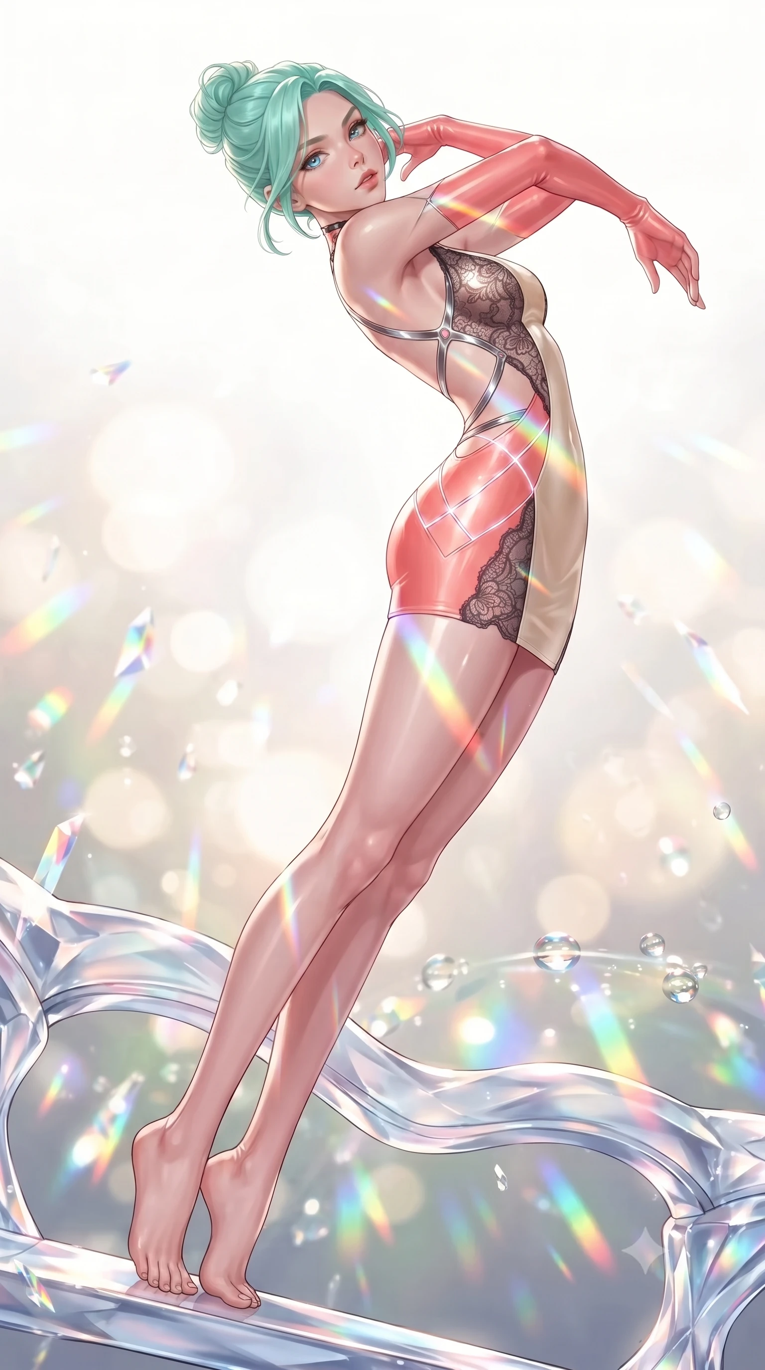 score_9, masterpiece, best quality, ultra-detailed, high-budget anime keyframe, editorial fashion photography, tasteful artistic composition, Japanese woman. low angle full-body shot from head to toe showing her feet, filling the entire 9:16 vertical frame with her statuesque presence, stretching her vertical silhouette. arching her back in a fluid zero-gravity turn with sovereign grace, her long slender legs and sculpted torso creating a sweeping line while stretching forward with an alluring S-curve silhouette on a crystal garden bench as rainbow light bands cross her skin. The composition keeps background elements in soft focus with creamy bokeh. glistening morning dew droplets scattering prismatic light motes across a luminous backdrop. She has an absolutely perfect, statuesque 8.5-heads proportion, an exceptionally tall and slender model-like female figure with impossibly long slender legs, a toned flat midriff, and an ultra-slim waist. sharp v-shaped jawline, high-bridge nose, intricate jewel-like eyes with depth, thick eyelashes, glossy lips with a natural sheen, flawlessly proportioned anatomical accuracy, strict slender model proportions, natural body alignment, perfectly sculpted long slender limbs, ultra-slim waistline, clean dynamic posture without body distortion. wearing a second-skin fashion-latex mini dress with a clean architectural front, featuring an open-back design that wraps around the sides of her waist, showcasing her slender silhouette in radiant coral pink and champagne ivory, crafted from delicate dark lace interwoven with luminescent micro-fibers, reinforced by a sleek metallic chrome harness and delicate glowing micro-straps, the glove-like aerodynamic second-skin fit tightly clinging to her ultra-slender waist and athletic curves without adding bulk, accentuating her razor-sharp statuesque lines and slim hourglass silhouette. bathed in brilliant morning sunlight intersected by saturated rainbow crystal prism refractions. ultra-reflective glossy finish, specular highlights, metallic sheen, high-contrast stereoscopic depth, volumetric dynamic lighting, 2k, ultra detail, master piece, 9:16 ratio