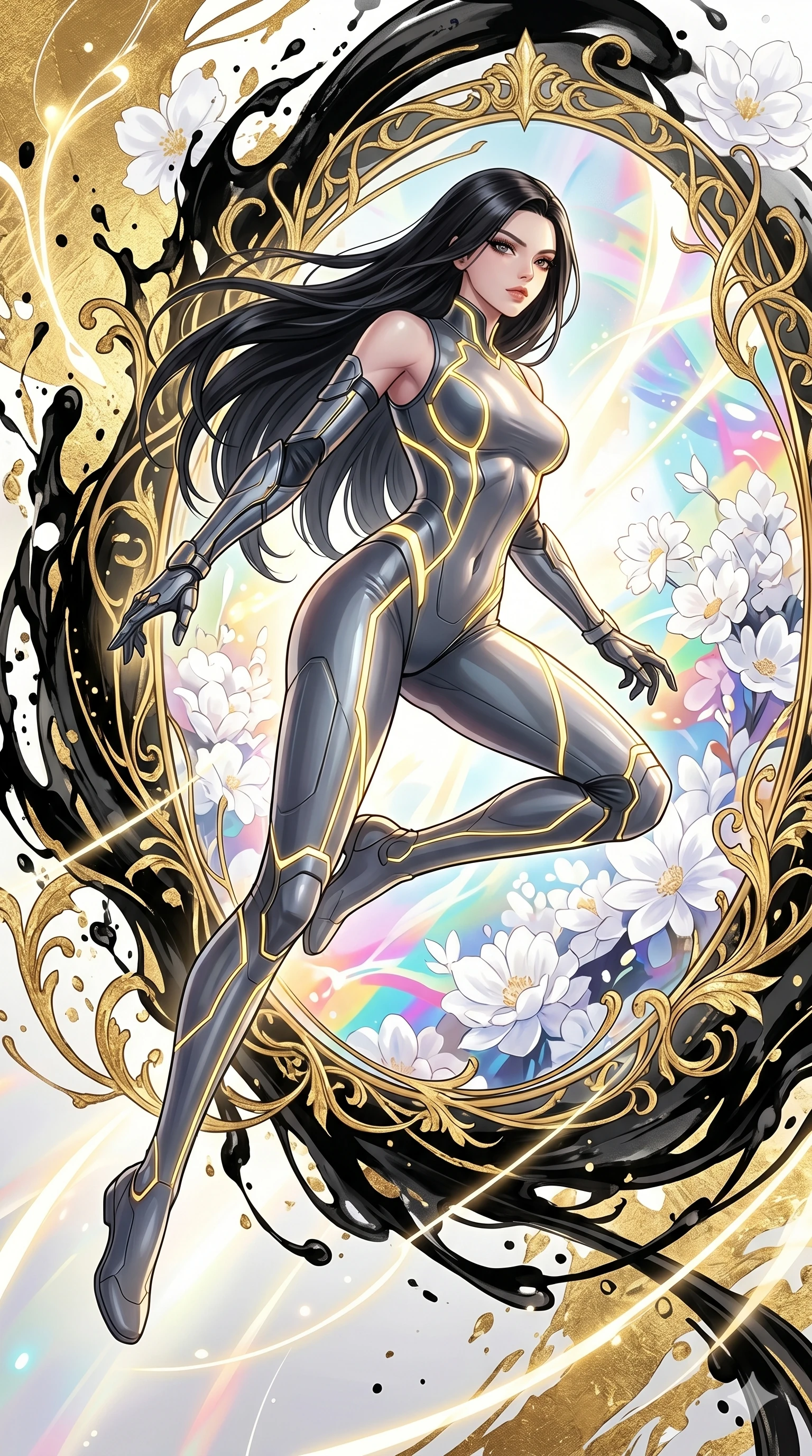 score_9, masterpiece, best quality, ultra-detailed, Set C: High-budget Anime Keyframe, Korean woman. Low angle cowboy shot filling the entire 9:16 frame with her statuesque presence. Leaping through a portal made of swirling ink and gold leaf into a bright white garden. She has an absolutely perfect 8-heads proportion, an exceptionally tall and slender female figure with elegant long slender legs and an slender waist. Sharp v-shaped jawline, high-bridge nose, intricate jewel-like eyes with depth, thick eyelashes, glossy lips. Wearing a Tech-Fantasy outfit: sleek tech-bodysuit with detached sleeves and glowing yellow seams. Background is a bright and colorful abstract dimension with gold and black ink splashes and white flowers. 2k, ultra detail, master piece, 9:16 ratio