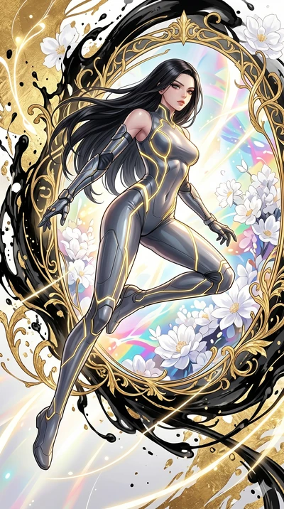 score_9, masterpiece, best quality, ultra-detailed, Set C: High-budget Anime Keyframe, Korean woman. Low angle cowboy shot filling the entire 9:16 frame with her statuesque presence. Leaping through a portal made of swirling ink and gold leaf into a 