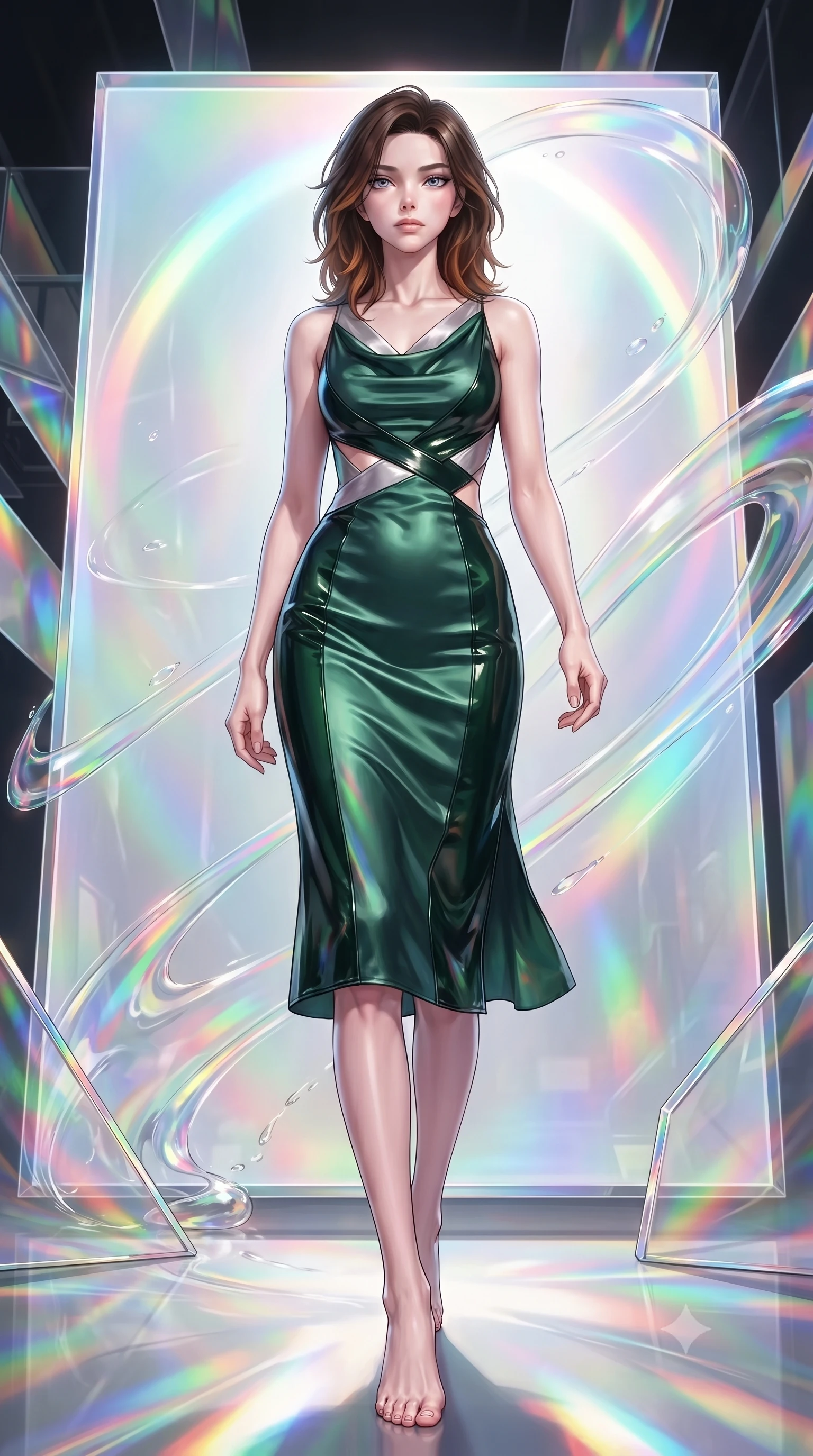 score_9, masterpiece, best quality, ultra-detailed, high-budget anime keyframe, editorial fashion photography, tasteful artistic composition, Korean woman. low angle full-body shot from head to toe showing her feet, filling the entire 9:16 vertical frame with her statuesque presence, stretching her vertical silhouette. stepping forward with proud posture, filling the vertical frame with her magnetic presence poised before a giant holographic canvas emitting luminous color arcs, translucent liquid acrylic trails creating dynamic motion paths. She has an absolutely perfect, statuesque 8.5-heads proportion, an exceptionally tall and slender model-like female figure with impossibly long slender legs and an ultra-slim waist. sharp v-shaped jawline, high-bridge nose, intricate jewel-like eyes with depth, thick eyelashes, glossy lips with a natural sheen. wearing an elegant cowl-neck satin midi dress with a draped neckline in deep emerald green and silver accent, tailored from high-gloss patent leather, featuring subtle geometric cutouts that highlight her ultra-slim midriff, the elegant draped fit framing her graceful clavicle and slender torso. illuminated by brilliant multi-color rainbow light refracting through glass. highly saturated vibrant anime colors, detailed shading with soft gradients, rich glossy textures, high-contrast stereoscopic depth, volumetric dynamic lighting, master piece, 9:16 ratio