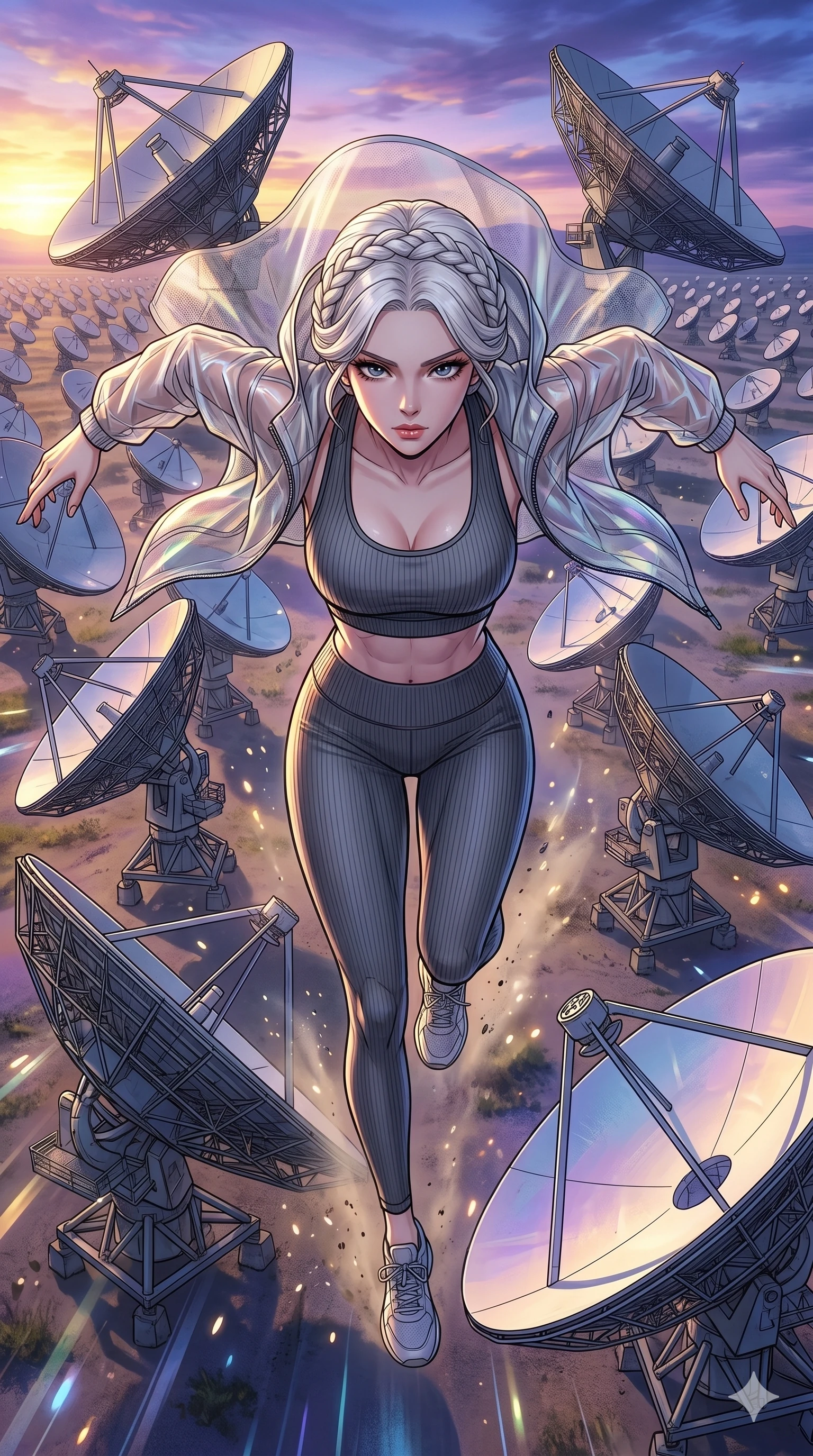 score_9, masterpiece, best quality, ultra-detailed, high-budget anime movie keyframe, cinematic anime lighting, intricate line art, Korean anime girl. Extreme high angle shot as she leaps towards the camera, filling the frame. charging through a field of satellite dishes as they pivot wildly. She has an absolutely perfect 8-heads proportion, an exceptionally tall and slender female figure with an ultra-slim waist and impossibly long slender legs. strictly human anatomy, two legs only, no extra limbs, clearly defined legs and arms, perfect anatomy, perfect hands and fingers. sharp v-shaped jawline, high-bridge nose, intricate jewel-like eyes, thick eyelashes, glossy lips. Wearing Premium Athleisure: Ribbed sports bra and leggings set, sheer windbreaker, and sleek high-performance activewear. The scene is illuminated by dramatic atmospheric lighting and vibrant color palettes. , 2k, ultra detail, master piece, 9:16 ratio