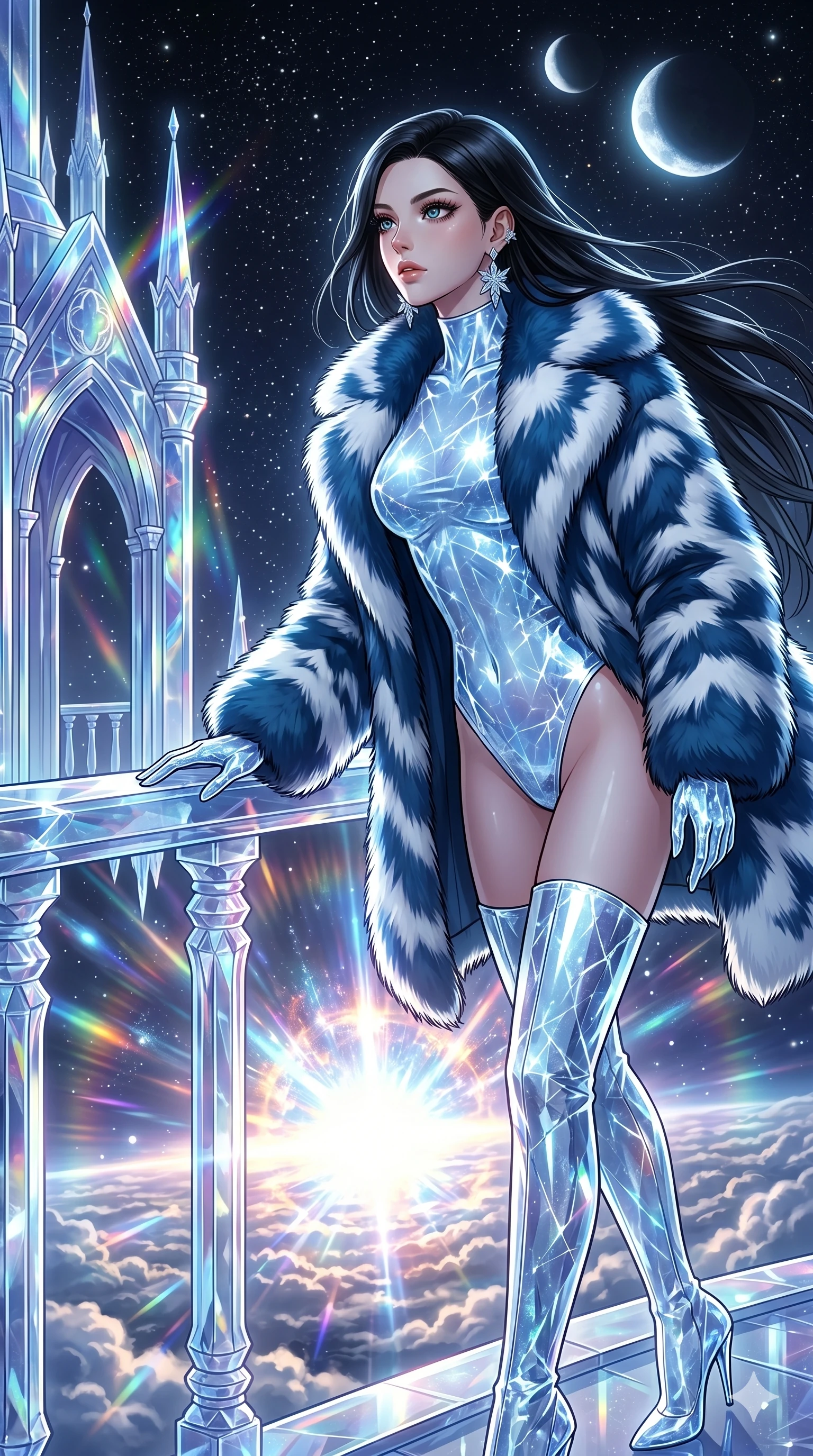 score_9, masterpiece, best quality, ultra-detailed, high-budget anime movie keyframe, cinematic anime lighting, intricate line art, Caucasian (strictly human ears) woman. Medium shot of upper body capturing the intricate details of her high-fashion attire. observing a supernova in a crystal palace above the clouds under a twin-moon sky. She has an absolutely perfect 8-heads proportion, an exceptionally tall and slender female figure with an ultra-slim waist and impossibly long slender legs. sharp v-shaped jawline, high-bridge nose, intricate jewel-like eyes, thick eyelashes, glossy lips. Wearing seasonal winter-couture featuring a plush oversized faux-fur coat worn over a skin-tight crystalline leotard and thigh-high stiletto boots. The scene is illuminated by dramatic atmospheric lighting and vibrant color palettes. , 2k, ultra detail, master piece, 9:16 ratio