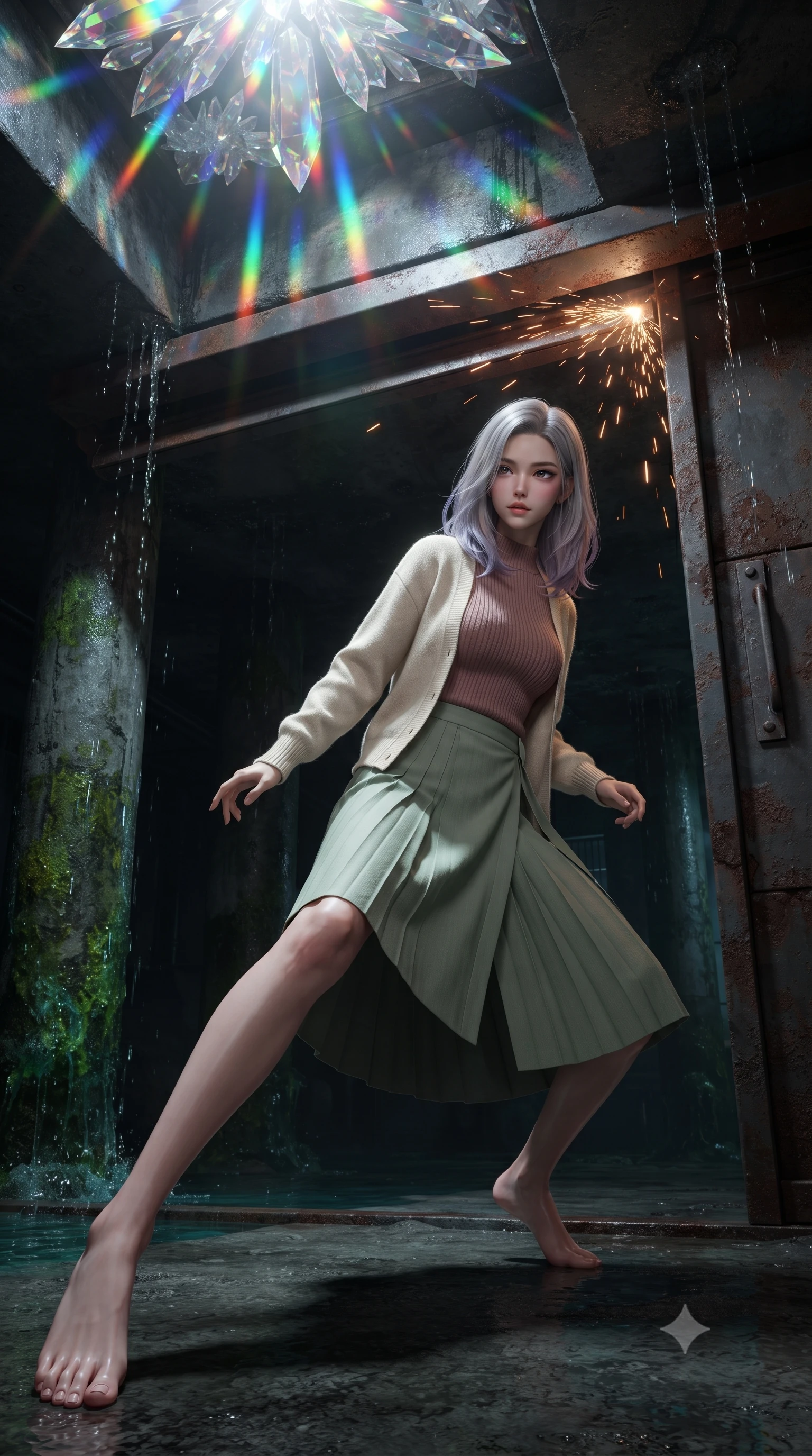 score_9, masterpiece, best quality, ultra-detailed, high-budget anime keyframe, editorial fashion photography, tasteful artistic composition, realistic cosplay photography, Caucasian woman, strictly human ears. low angle full-body shot from head to toe showing her feet, filling the entire 9:16 vertical frame with her statuesque presence, stretching her vertical silhouette. sliding underneath a closing blast door in a sleek combat stance with sparks flying around her inside a dark reservoir inside a slum, glowing algae growing on concrete pillars, water dripping from the ceiling. She has a statuesque 8.5-heads proportion, an exceptionally tall, slender and willowy model-like build with impossibly long legs and a highly sculpted ultra-slim waist. sharp v-shaped jawline, high-bridge nose, intricate jewel-like eyes with depth, thick eyelashes, glossy lips with a natural sheen. wearing catching and diffusing the glowing particles, shimmering softly in response to the surrounding light, a tailored dusty rose ribbed knit top layered under a cream wool cardigan, paired with a sage green pleated wrap midi skirt. cascading rainbow prismatic light refracting through crystal formations overhead. ultra-reflective glossy finish, specular highlights, metallic sheen, high-contrast stereoscopic depth, volumetric dynamic lighting, 2k, ultra detail, master piece, 9:16 ratio