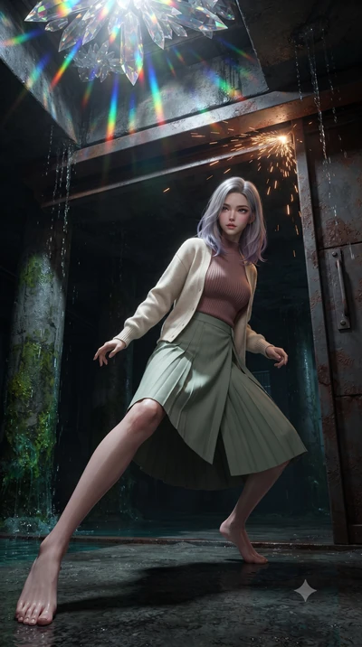 score_9, masterpiece, best quality, ultra-detailed, high-budget anime keyframe, editorial fashion photography, tasteful artistic composition, realistic cosplay photography, Caucasian woman, strictly human ears. low angle full-body shot from head to t