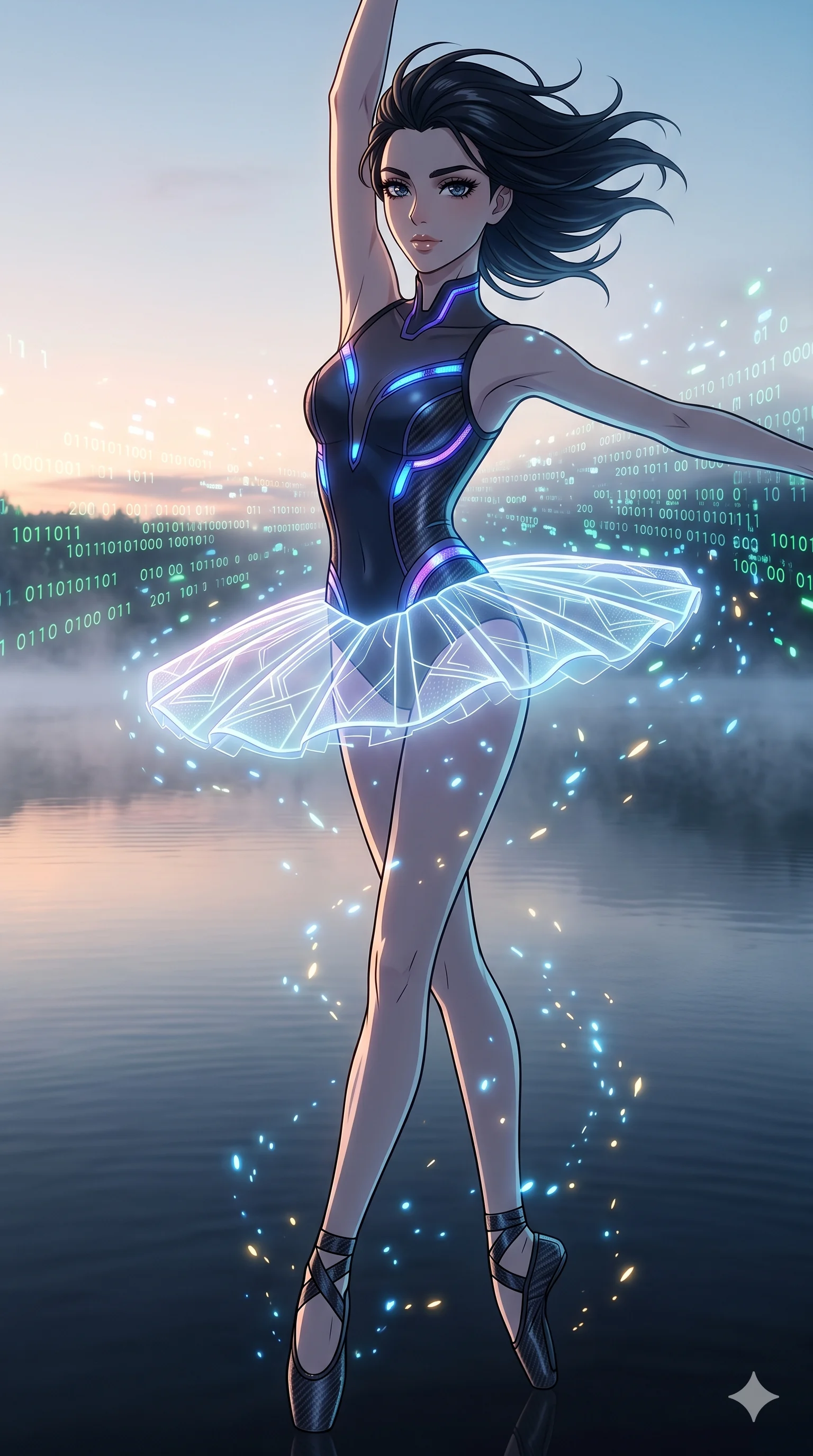 score_9, masterpiece, best quality, ultra-detailed, Set A: High-budget Anime Keyframe, Caucasian (strictly human ears) woman. Upper body close-up from the thighs up, character filling the screen for maximum presence. Dancing through a misty lakeside at dawn, while a digital blizzard of 269 bits obscures the horizon and surrounded by glowing energy sparks. She has an absolutely perfect 8-heads proportion, an exceptionally tall and slender female figure with impossibly long slender legs and an ultra-slim waist. Sharp v-shaped jawline, high-bridge nose, intricate jewel-like eyes with depth, thick eyelashes, glossy lips with a natural sheen. Wearing Futuristic ballet outfit with a glowing tutu and carbon-fiber pointe shoes. Cinematic lighting, vibrant colors, dramatic shadows, 2k, ultra detail, master piece, 9:16 ratio
