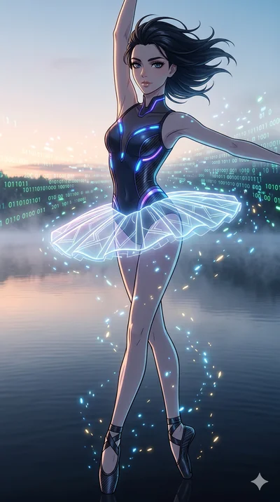 score_9, masterpiece, best quality, ultra-detailed, Set A: High-budget Anime Keyframe, Caucasian (strictly human ears) woman. Upper body close-up from the thighs up, character filling the screen for maximum presence. Dancing through a misty lakeside 