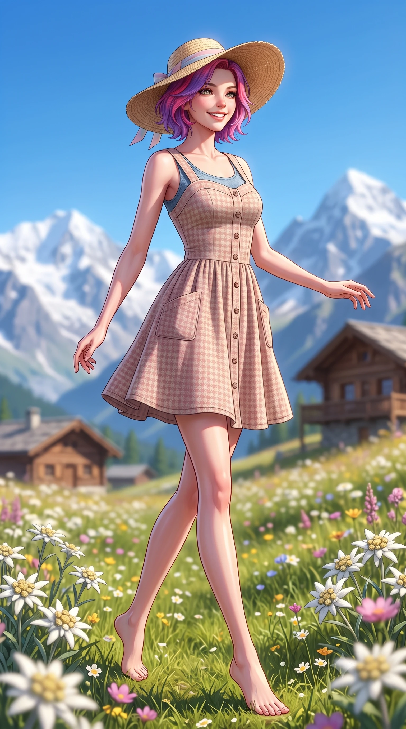 score_9, masterpiece, best quality, ultra-detailed, high-budget anime keyframe, semi-realistic 3D game render, editorial fashion photography, tasteful artistic composition, Caucasian woman. low angle full-body shot from head to toe showing her feet, filling the entire 9:16 vertical frame with her statuesque presence, stretching her vertical silhouette. pivoting dynamically with a fresh infectious smile, her ultra-slim waist and long slender legs creating a fluid graceful line while strolling gracefully through vibrant alpine wildflower fields under dramatic snow-capped peaks with a beaming bright smile. The composition keeps background elements in soft focus with creamy bokeh. rustic timber mountain chalets and blooming edelweiss clusters softened in gentle atmospheric depth. She has an absolutely perfect, statuesque 8.5-heads proportion, an exceptionally tall and slender model-like female figure with impossibly long slender legs, a toned flat midriff, and an ultra-slim waist. sharp v-shaped jawline, high-bridge nose, intricate jewel-like eyes with depth, thick eyelashes, glossy lips with a natural sheen, pure and lovely fresh girlhood expression, flawlessly proportioned anatomical accuracy, strict slender model proportions, natural body alignment, perfectly sculpted long slender limbs, ultra-slim waistline, clean dynamic posture without body distortion. wearing a vintage-inspired button-front cotton sundress with wide shoulder straps and side pockets in soft dusty rose and oatmeal beige, made of comfortable premium stretch denim and airy cotton-jersey, paired with a wide-brim woven straw hat tied with a pastel ribbon, the body-hugging lightweight knit clinging delicately to her slender torso, accentuating her graceful neck and feminine lines. bathed in brilliant morning alpine sunshine and pure crystal-clear blue sky ambient illumination. highly saturated vibrant anime colors, detailed shading with soft gradients, rich glossy textures, high-contrast stereoscopic depth, volumetric dynamic lighting, master piece, 9:16 ratio