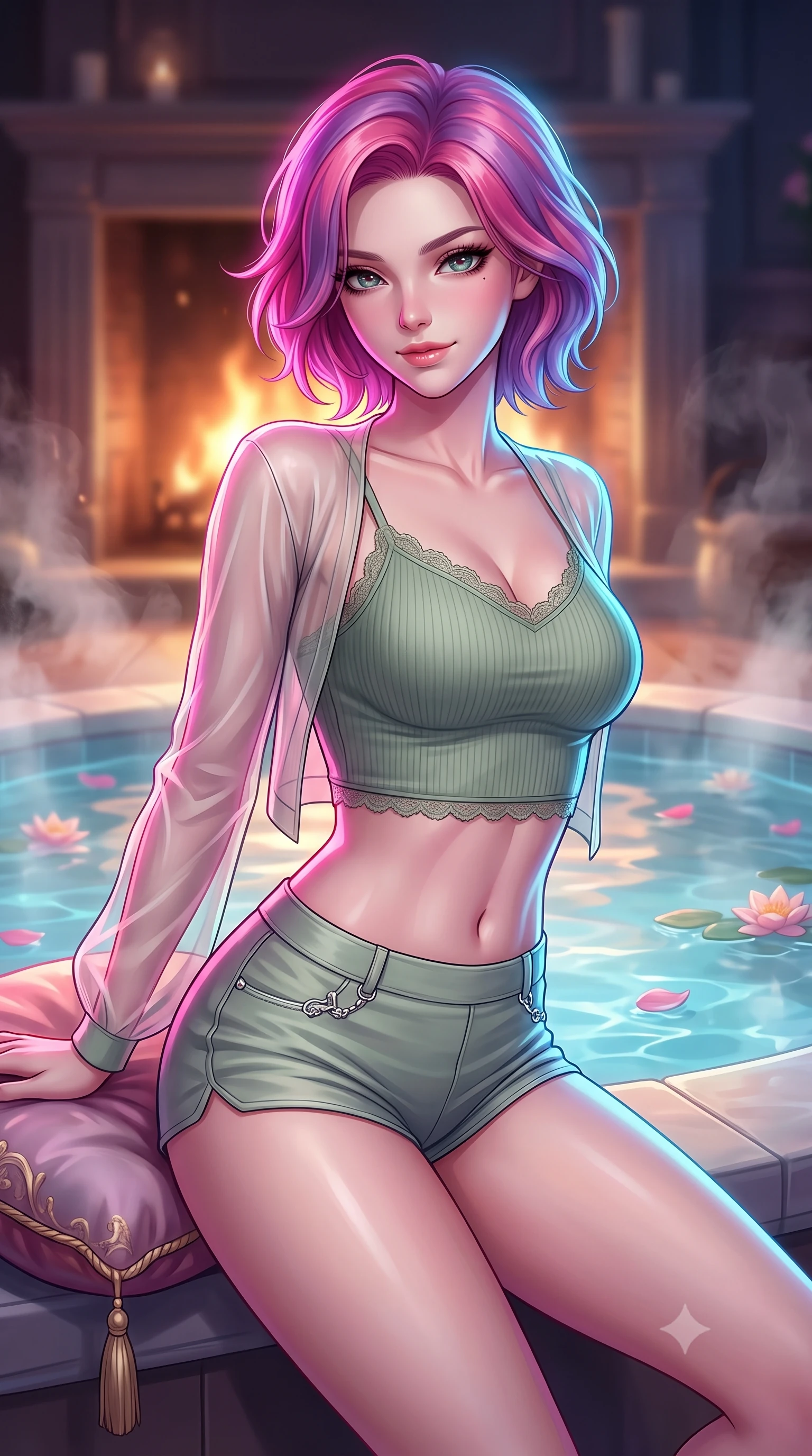 score_9, masterpiece, best quality, ultra-detailed, high-budget anime keyframe, editorial fashion photography, tasteful artistic composition, Caucasian woman. close-up cowboy shot from the waist and thighs up, the character dominates the composition, filling the frame with her large presence, background elements kept in soft focus. arching her back slightly while resting her elbow on a plush cushion, flashing a soft, sensual half-smile set against a soft-focus background of inside an exclusive fireplace lounge with rising mineral steam and floating flower petals on the clear water surface. She has an exceptionally elegant, slender, and willowy female figure with an ultra-slim waist, a gracefully sculpted slender torso, and a refined silhouette. sharp v-shaped jawline, high-bridge nose, intricate jewel-like eyes with depth, thick eyelashes, glossy lips with a natural sheen. wearing body-hugging sage green ribbed cashmere delicate lace-trim crop top worn under a sheer organza cardigan with high-waist micro-shorts accented with delicate silver hardware. drenched in dramatic neon rim-lighting that traces the sleek contours of her figure. highly saturated vibrant anime colors, detailed shading with soft gradients, rich glossy textures, high-contrast stereoscopic depth, volumetric dynamic lighting, master piece, 9:16 ratio