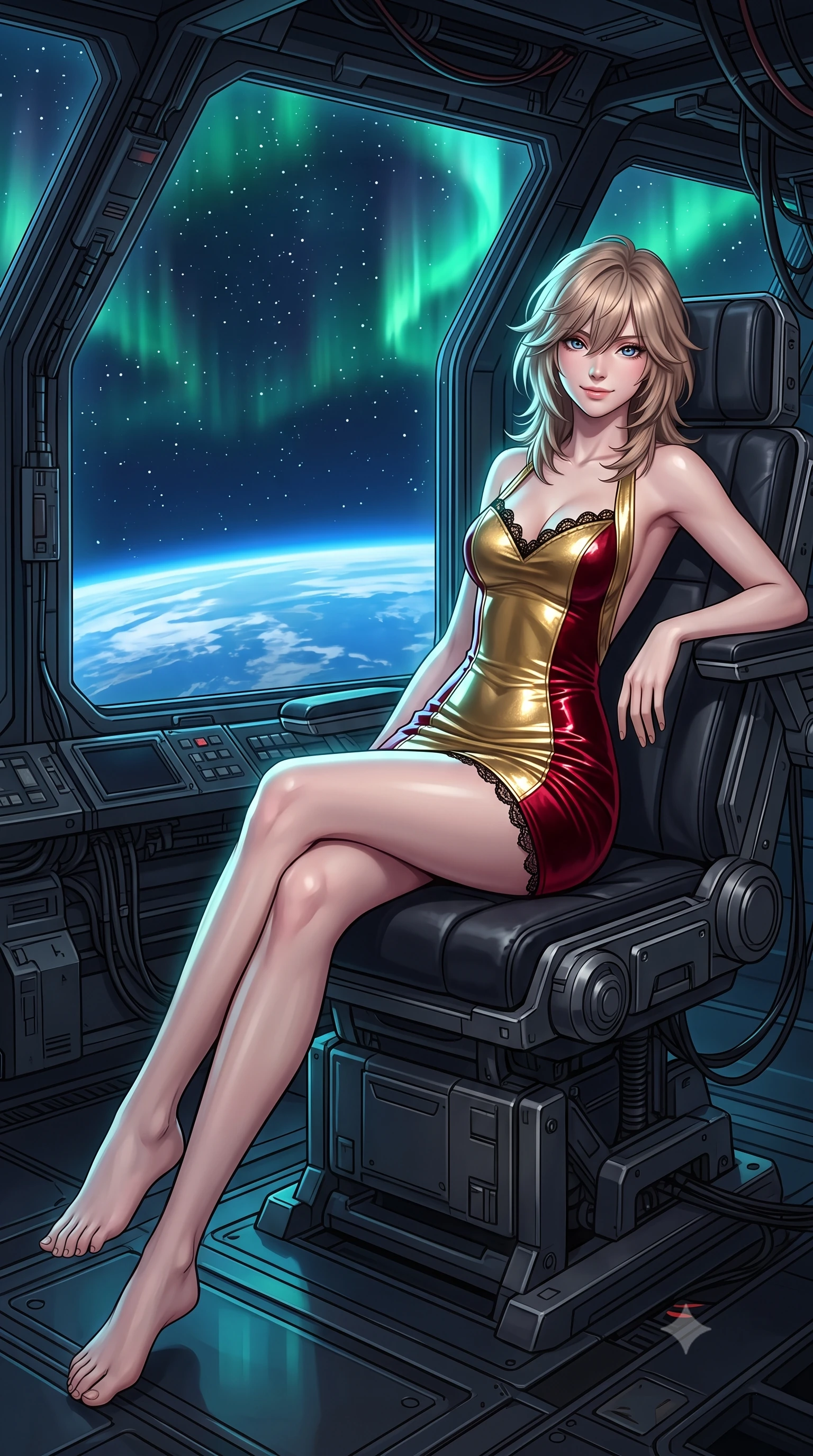 score_9, masterpiece, best quality, ultra-detailed, high-budget anime keyframe, semi-realistic 3D game render, editorial fashion photography, tasteful artistic composition, Japanese woman. low angle full-body shot from head to toe showing her feet, filling the entire 9:16 vertical frame with her statuesque presence, stretching her vertical silhouette. stepping forward in a confident stride, her long slender legs and curvaceous hips creating a dynamic, sweeping vertical line while lounging gracefully across the observation pod seat propped on one elbow with legs extended, displaying her long slender limbs and statuesque hourglass silhouette against the cosmos. The surrounding environment is rendered in vivid detail and crisp panoramic clarity: detailed anime keyframe lines, rich glossy textures, and cutting-edge orbital station structure in razor-sharp precision. She has an exceptionally tall and slender model-like 8.5-heads proportion, an ultra-slim waist, a flat toned midriff, narrow delicate ribcage, and beautifully sculpted feminine hips creating a graceful, slim hourglass silhouette without any bulky heaviness, with impossibly long slender legs. sharp v-shaped jawline, high-bridge nose, intricate jewel-like sparkling eyes with depth, thick eyelashes, glossy parted lips with a natural peach sheen, bright cheerful beaming smile with an enchanting and coquettish sensual glint, exuding both youthful cute charm and seductive allure, flawlessly proportioned anatomical accuracy, strict slender model proportions, natural body alignment, perfectly sculpted long slender limbs, ultra-slim waistline, clean dynamic posture without body distortion. wearing an alluring backless metallic lamé halterneck mini dress with deep scoop back down to her lower spine in Cyber-Baroque gilded gold and royal crimson velvet, tailored from high-gloss patent leather with mirror-like specular highlights, finished with scalloped eyelash lace trim framing her sweetheart neckline with intimate elegance, the liquid-tight tailored fabric clinging flawlessly to her narrow waist and rounded feminine hips, emphasizing every millimeter of her sculpted slim hourglass curves without any bulky heaviness. illuminated by Earth albedo reflection bounce and sharp aurora-emerald rim lights sculpting her jawline, narrow waist, and curvy hips. highly saturated vibrant anime colors, detailed shading with soft gradients, rich glossy textures, high-contrast stereoscopic depth, volumetric dynamic lighting, master piece, 9:16 ratio