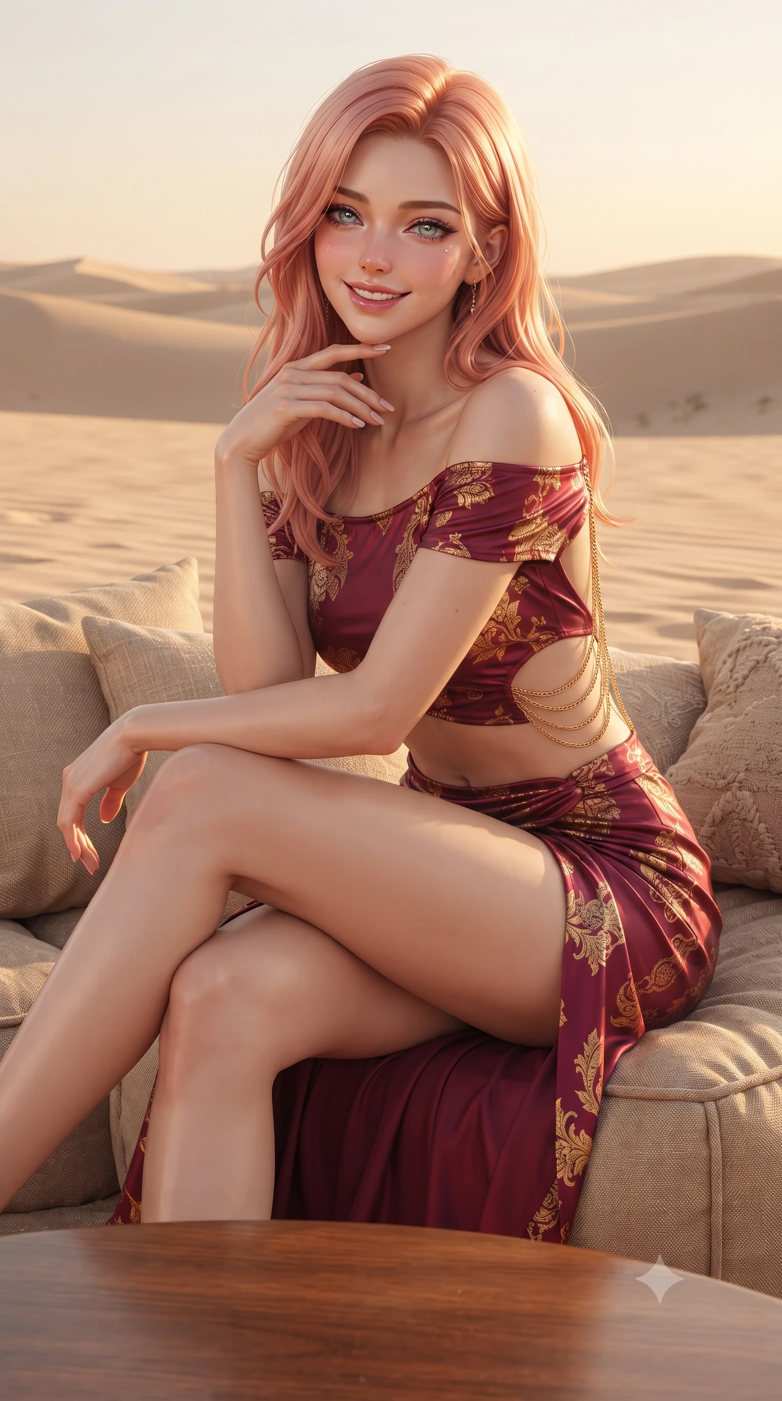score_9, masterpiece, best quality, ultra-detailed, high-budget anime keyframe, editorial fashion photography, tasteful artistic composition, Japanese woman. close-up cowboy shot from the waist and thighs up, the character dominates the composition, filling the frame with her large presence. resting one elbow on the table and supporting her chin, leaning close to the camera with heavy-lidded sparkling eyes and parted lips while sitting gracefully on the plush sand cushions with legs crossed, running one manicured hand slowly down her collarbone with magnetic poise. The surrounding environment is rendered in vivid detail and crisp panoramic clarity: detailed garment cut, bodycon tailoring, and untouched natural sandbank textures in razor-sharp precision. She has an exceptionally elegant, slender, and willowy female figure with an ultra-slim waist, flat toned midriff, narrow ribcage, and sculpted feminine hips creating an alluring, slim hourglass silhouette without bulk. sharp v-shaped jawline, high-bridge nose, intricate jewel-like sparkling eyes with depth, thick eyelashes, glossy parted lips with a natural peach sheen, bright cheerful beaming smile with an enchanting and coquettish sensual glint, exuding both youthful cute charm and seductive allure, flawlessly proportioned anatomical accuracy, strict slender model proportions, natural body alignment, perfectly sculpted long slender limbs, ultra-slim waistline, clean dynamic posture without body distortion. wearing an alluring off-the-shoulder crop top with asymmetrical side-torso cutouts and a high-slit wrap skirt in Bohemian Prague garnet ruby and antique 24k gold leaf, made of fluid liquid jersey with seamless sculpting hold and smooth contours, accented with an open-back drape framed by falling strands of delicate gold chains, the second-skin tailored fabric adhering flawlessly to her sculpted flat midriff and slender torso, emphasizing her long leg lines and perfectly proportioned willowy build. illuminated by white sand reflection bounce and sharp flame-gold rim lights sculpting her razor-sharp jawline, narrow waist, and curvy hips. ultra-reflective glossy finish, specular highlights, rich textural contrasts, high-contrast stereoscopic depth, volumetric dynamic lighting, 2k, ultra detail, master piece, 9:16 ratio