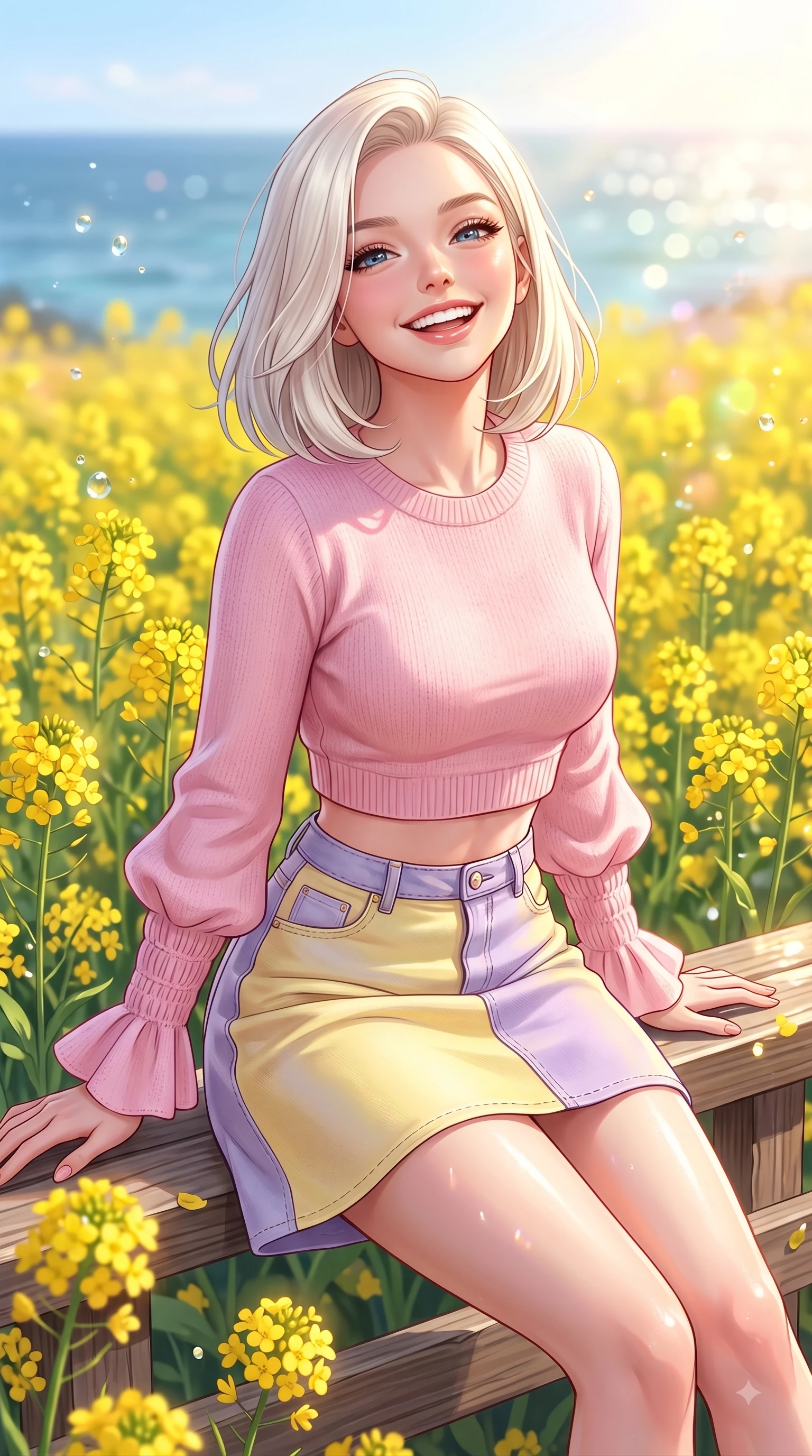 score_9, masterpiece, best quality, ultra-detailed, high-budget anime keyframe, editorial fashion photography, tasteful artistic composition, Caucasian woman. close-up cowboy shot from the waist and thighs up, the character dominates the composition, filling the frame with her large presence. Tilting her chin up with a sweet beaming smile of pure delight while balancing dynamically amidst the scene while sitting playfully on a wooden bench surrounded by yellow canola flower fields with a radiant beaming smile. The composition keeps background elements in soft focus with dreamy bokeh. warm beach sunlight refracting off water droplets blurred into a soft pastel backdrop. She has an exceptionally elegant, slender, and willowy female figure with an ultra-slim waist, a gracefully sculpted slender torso, and a refined silhouette. sharp v-shaped jawline, high-bridge nose, intricate jewel-like eyes with depth, thick eyelashes, glossy lips with a natural sheen, flawlessly proportioned anatomical accuracy, natural body alignment, perfectly sculpted elegant limbs, clean dynamic posture without body distortion. wearing a sweet baby-pink cropped knit sweater with a high-waisted denim A-line skirt in soft lemon yellow and lavender violet, knitted from soft cozy cashmere yarn, accented with soft smocked details and fluttery cuffs, the soft airy drape swaying gracefully with her dynamic movements. bathed in brilliant tropical sunshine and glittering ocean water refractions. highly saturated vibrant anime colors, detailed shading with soft gradients, rich glossy textures, high-contrast stereoscopic depth, volumetric dynamic lighting, master piece, 9:16 ratio