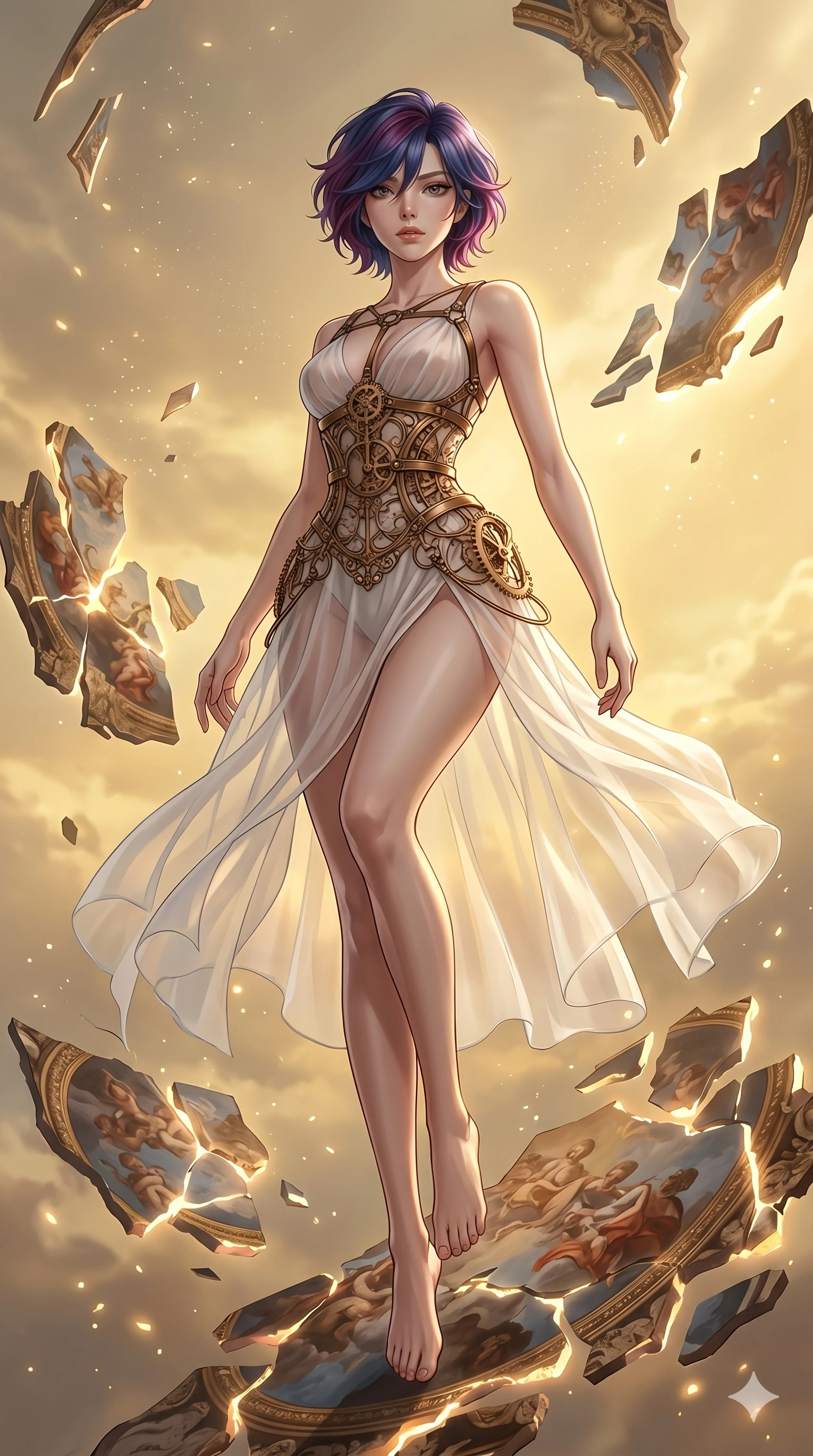 score_9, masterpiece, best quality, ultra-detailed, high-budget anime keyframe, Korean woman. low angle full-body shot filling the entire 9:16 frame with her statuesque presence, stretching the vertical silhouette. propelling herself off digital baroque ceiling fresco shards that float and reassemble in a golden sky. She has an absolutely perfect 8-heads proportion, an exceptionally tall and slender female figure with impossibly long slender legs and an ultra-slim waist. V-shaped jawline, high-bridge nose, intricate jewel-like eyes with depth, thick eyelashes, glossy lips with a natural sheen.. wearing a chrono-gear wire harness couture, featuring micro-bronze gear wire harness cinching her waist, over a sheer white organza dress. illuminated by dramatic chiaroscuro casting soft shadows along her curves, with vibrant backlighting highlighting the dust particles. 2k, ultra detail, master piece, 9:16 ratio