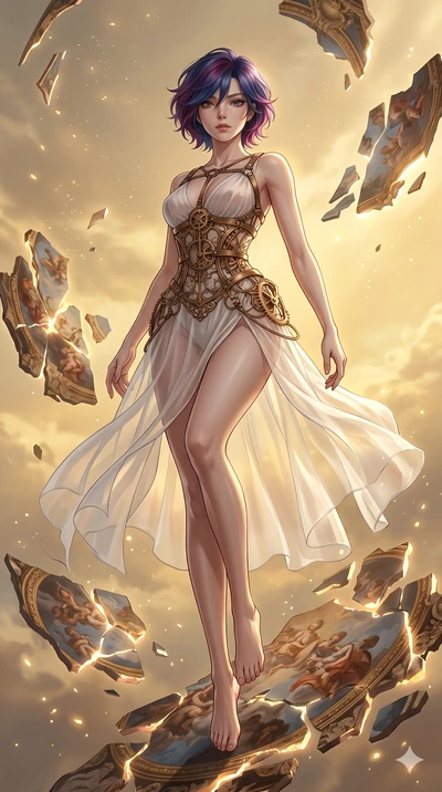 score_9, masterpiece, best quality, ultra-detailed, high-budget anime keyframe, Korean woman. low angle full-body shot filling the entire 9:16 frame with her statuesque presence, stretching the vertical silhouette. propelling herself off digital baro