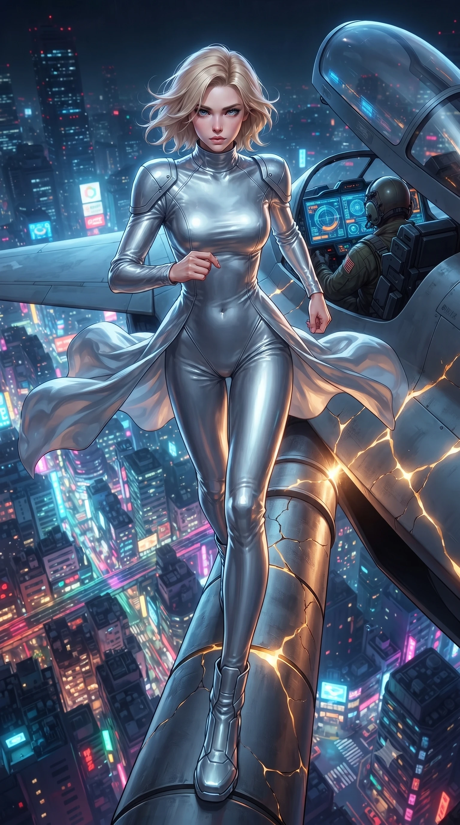 score_9, masterpiece, best quality, ultra-detailed, high-budget anime keyframe, editorial fashion photography, tasteful artistic composition, realistic cosplay photography, Caucasian woman, strictly human ears. low angle full-body shot from head to toe showing her feet, filling the entire 9:16 vertical frame with her statuesque presence, stretching her vertical silhouette. dashing forward aggressively along a narrow pipe high above the neon city grid through a pilot entering the cockpit of a fighter, canopy closing and digital HUD screens lighting up. She has a statuesque 8.5-heads proportion, an exceptionally tall, slender and willowy model-like build with impossibly long legs and a highly sculpted ultra-slim waist. sharp v-shaped jawline, high-bridge nose, intricate jewel-like eyes with depth, thick eyelashes, glossy lips with a natural sheen. wearing the lightweight fabric rippling and billowing dramatically with her movement, a form-contouring body-hugging silver liquid-mercury catsuit featuring a high mock neck, showcasing her athletic frame with structured shoulder guards. glowing kintsugi gold light radiating from cracks in the environment creating a majestic inner glow. ultra-reflective glossy finish, specular highlights, metallic sheen, high-contrast stereoscopic depth, volumetric dynamic lighting, 2k, ultra detail, master piece, 9:16 ratio
