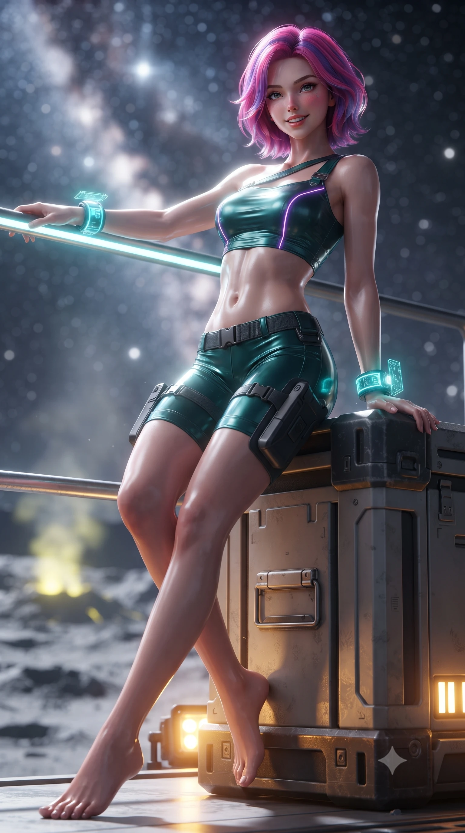score_9, masterpiece, best quality, ultra-detailed, high-budget anime keyframe, editorial fashion photography, tasteful artistic composition, Caucasian woman. low angle full-body shot from head to toe showing her feet, filling the entire 9:16 vertical frame with her statuesque presence, stretching her vertical silhouette. standing in a tall, confident posture with one hand on a glowing metal railing, stretching her statuesque body as she arches her lower back to emphasize her sculpted feminine hips and slender waist while sitting perched on an equipment crate propped on one hand, her tight environmental suit radiating magnetic, adventurous charm. The background shows a soft-focus vast cratered lunar regolith and glowing sulfur vents beneath a brilliant galactic starfield blurred into starlight white, sulfur gold, and obsidian bokeh. She has an absolutely perfect, statuesque 8.5-heads proportion, an exceptionally tall and slender model-like female figure with impossibly long slender legs, an ultra-slim waist, a flat toned midriff, narrow delicate ribcage, and beautifully sculpted feminine hips creating a graceful, slim hourglass silhouette without any bulky heaviness. sharp v-shaped jawline, high-bridge nose, intricate jewel-like sparkling eyes with depth, thick eyelashes, glossy parted lips with a natural sheen, bright confident smile with an enchanting and coquettish sensual glint, exuding both youthful magnetic charm and sovereign high-tech allure, flawlessly proportioned anatomical accuracy, strict slender model proportions, natural body alignment, perfectly sculpted long slender limbs, ultra-slim waistline, clean dynamic posture without body distortion. wearing a high-tech mechanic crop top with asymmetric shoulder straps paired with ultra-fitted tactical hot-pants and thigh holsters in dark emerald teal and ultraviolet glow lines, made of smooth liquid latex with high-contrast stereoscopic depth and wet shine, featuring sleek glowing cyan HUD display wrist cuffs with floating data telemetry, the aerodynamic second-skin silhouette tightly following the natural contour of her hips and long slender legs with youthful 8.5-heads elegance. bathed in brilliant cold silver starlight from above and warm industrial sodium work-lights from below. ultra-reflective glossy finish, specular highlights, rich textural contrasts, high-contrast stereoscopic depth, volumetric dynamic lighting, 2k, ultra detail, master piece, 9:16 ratio