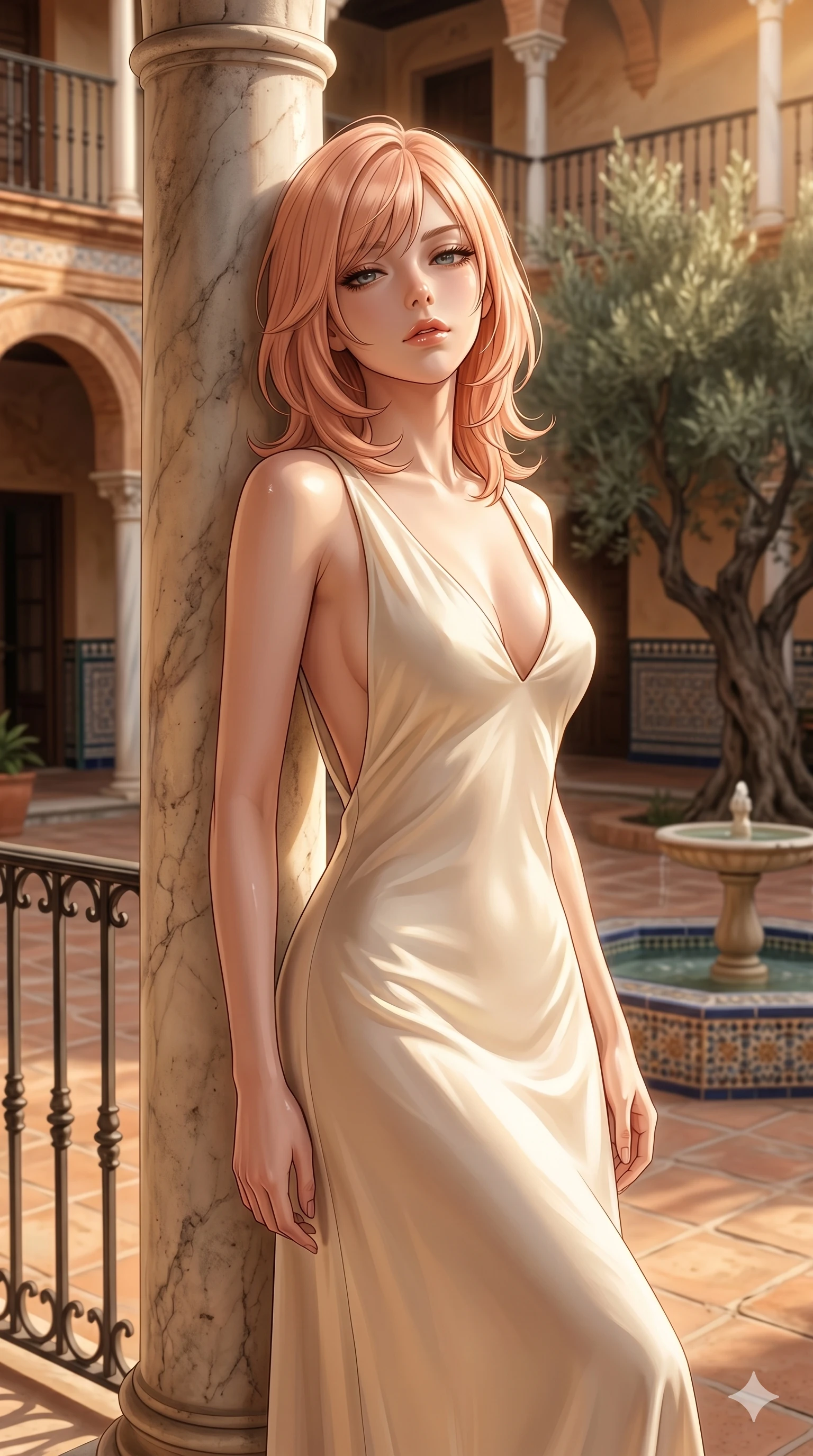 score_9, masterpiece, best quality, ultra-detailed, high-budget anime keyframe, editorial fashion photography, tasteful artistic composition, Japanese woman. cowboy shot from the thighs up, character and outfit filling the frame for maximum editorial presence. casting a heavy-lidded, sultry gaze beneath thick lashes with quiet intensity, her chin tilted up leaning against a marble column in a sun-drenched private courtyard of an old Spanish hacienda (Code-P051). She has an absolutely perfect 8-heads proportion, an exceptionally tall and slender female figure with impossibly long slender legs and an ultra-slim waist. V-shaped jawline, high-bridge nose, intricate jewel-like eyes with depth, thick eyelashes, glossy lips with a natural sheen. wearing a soft cream silk slip dress with a plunging V-neckline and a deep open back. bathed in warm, golden afternoon sunbeams creating soft specular highlights on her smooth skin. 2k, ultra detail, master piece, 9:16 ratio