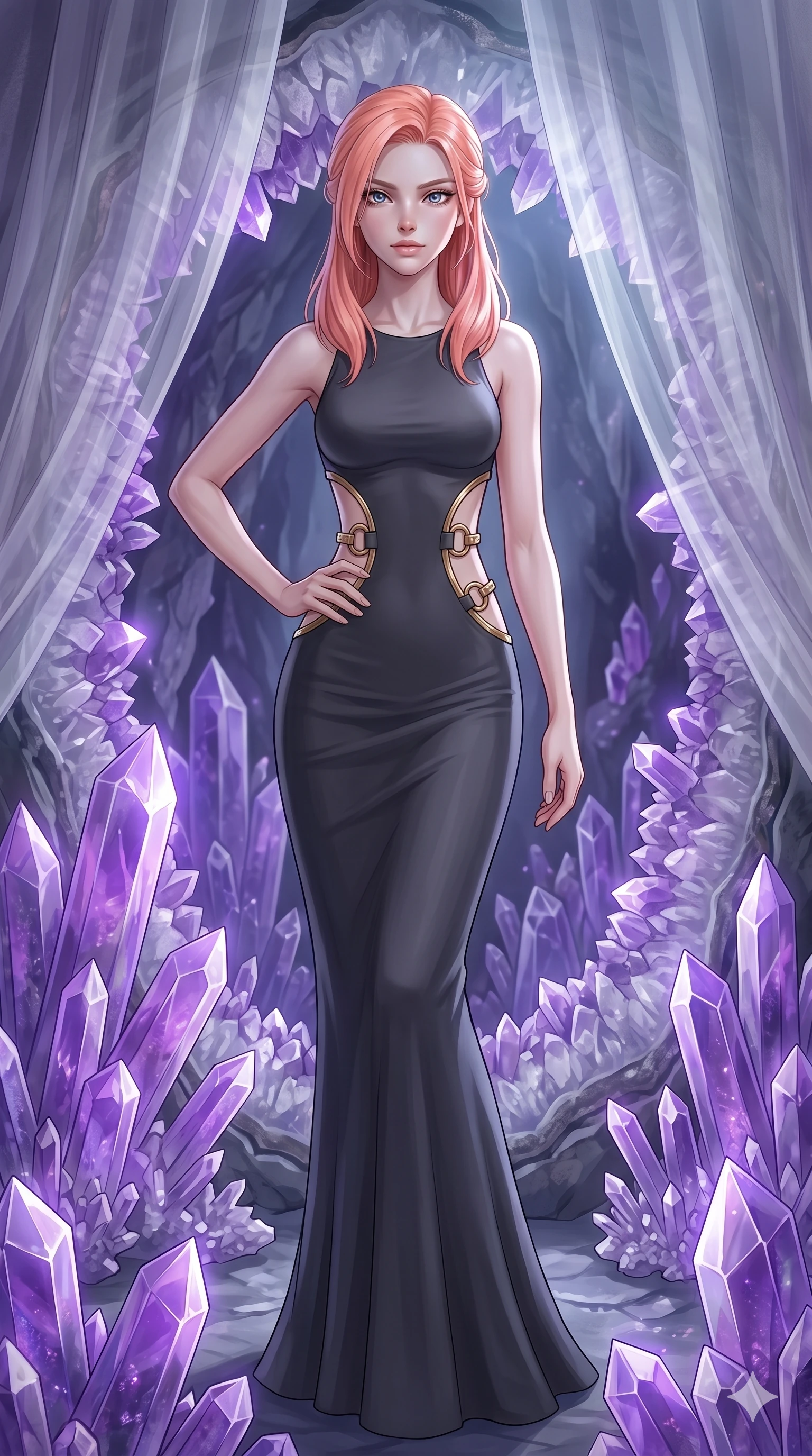 score_9, masterpiece, best quality, ultra-detailed, high-budget anime keyframe, editorial fashion photography, tasteful artistic composition, Caucasian woman, strictly human ears. cowboy shot from the thighs up, character and outfit filling the frame for maximum editorial presence. Holding a confident power pose with one hand on her hip inside a crystalline geode cavern lined with towering amethyst spires casting violet prismatic light. She has an absolutely perfect 8-heads proportion, an exceptionally tall and slender female figure with impossibly long slender legs and an ultra-slim waist. V-shaped jawline, high-bridge nose, intricate jewel-like eyes with depth, thick eyelashes, glossy lips with a natural sheen. wearing a dark charcoal fitted floor-length gown with dramatic curved architectural cutouts at the sides of the torso framed by gold ring hardware, emphasizing the ultra-slim waist. bathed in cold silver moonlight filtered through translucent gossamer curtains casting soft shadows on her curves. 2k, ultra detail, master piece, 9:16 ratio