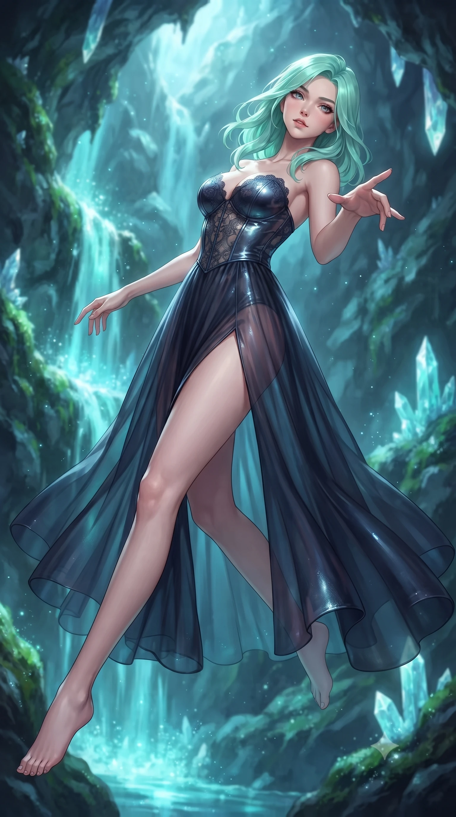 score_9, masterpiece, best quality, ultra-detailed, high-budget anime keyframe, editorial fashion photography, tasteful artistic composition, Japanese woman woman. low angle full-body shot from head to toe showing her feet, filling the entire 9:16 vertical frame with her statuesque presence, stretching her vertical silhouette. She has an absolutely perfect, statuesque 8.5-heads proportion, an exceptionally tall and slender model-like female figure with impossibly long slender legs and an ultra-slim waist. floating dynamically in zero-gravity with flawless poise, reaching her hand forward gracefully, flawlessly proportioned anatomical accuracy, natural body alignment, perfectly sculpted elegant limbs, clean dynamic posture without body distortion. set against a soft-focus background of a hidden cave with cascading luminescent water and crystal quartz. wearing a dark sheer tulle evening gown with an intricate lace corset and daring thigh-high slit. bathed in glowing aqua bioluminescence reflecting off wet rock walls. ultra-reflective glossy finish, specular highlights, metallic sheen, high-contrast stereoscopic depth, volumetric dynamic lighting, 2k, ultra detail, master piece, 9:16 ratio