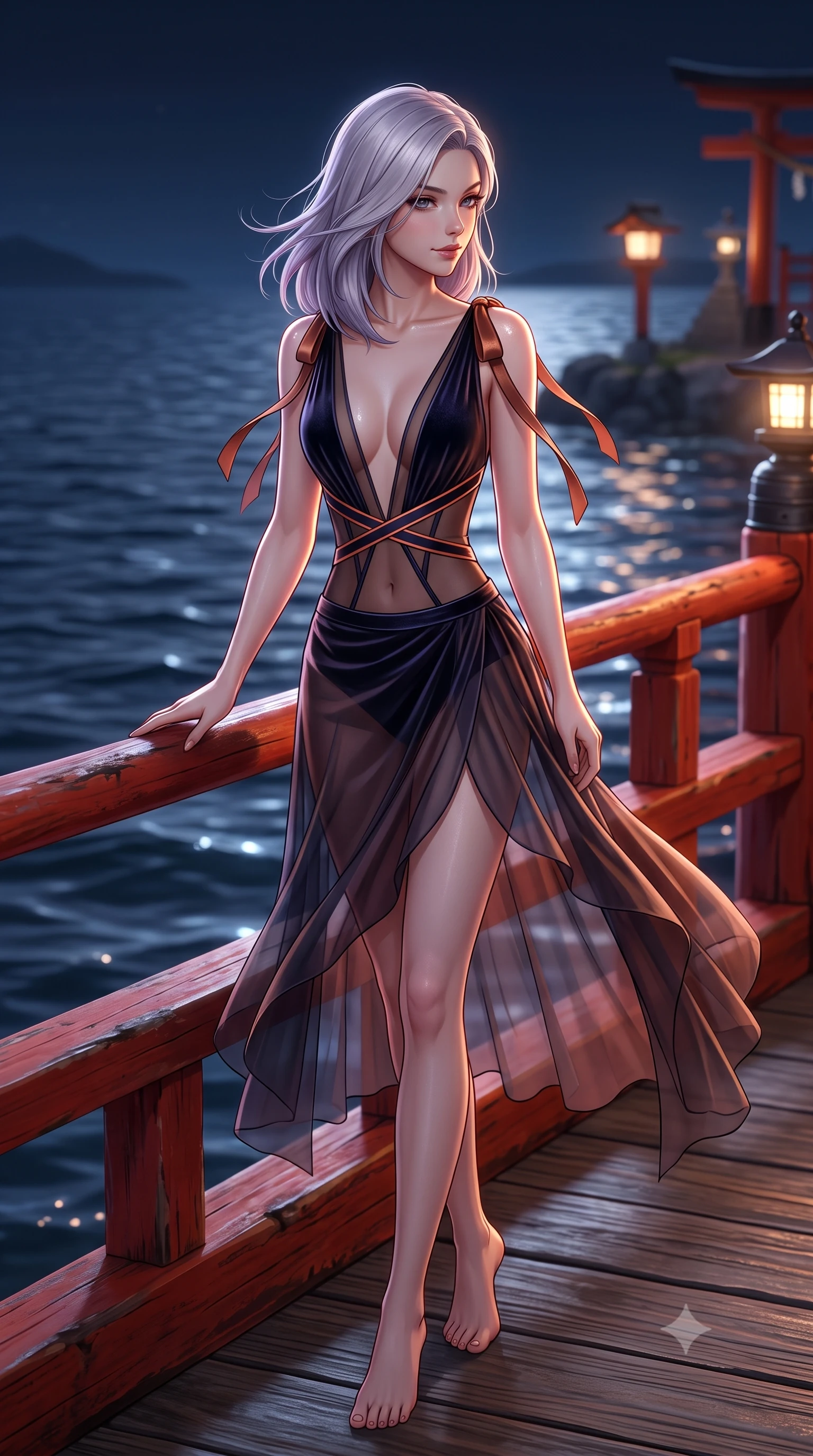 score_9, masterpiece, best quality, ultra-detailed, high-budget anime keyframe, semi-realistic 3D game render, editorial fashion photography, tasteful artistic composition, Caucasian woman. low angle full-body shot from head to toe showing her feet, filling the entire 9:16 vertical frame with her statuesque presence, stretching her vertical silhouette. executing a slow, graceful pivot turn as her skirt sways around her slender legs, glancing back with an enchanting, teasing sensual expression while leaning against the vermilion railing with hips cocked back, looking over midnight tide ripples with captivating bedroom-eyes. The background shows a soft-focus gentle nocturnal tide ripples softened in historic island shrine shallow focus. She has an exceptionally tall and slender model-like 8.5-heads proportion, an ultra-slim waist, a flat toned midriff, narrow delicate ribcage, and beautifully sculpted feminine hips creating a graceful, slim hourglass silhouette without any bulky heaviness, with impossibly long slender legs. sharp v-shaped jawline, high-bridge nose, intricate jewel-like sparkling eyes with depth, thick eyelashes, glossy parted lips with a natural peach sheen, bright cheerful beaming smile with an enchanting and coquettish sensual glint, exuding both youthful cute charm and seductive allure, flawlessly proportioned anatomical accuracy, strict slender model proportions, natural body alignment, perfectly sculpted long slender limbs, ultra-slim waistline, clean dynamic posture without body distortion. wearing a provocative plunging sheer micro-mesh leotard with criss-cross neon strap details across her flat midriff in Lofoten midnight obsidian and warm hearth copper, tailored from ultra-plush silk velvet with rich tactile depth and deep shadow gradients, finished with satin ribbon ties at the shoulders fluttering in the gentle breeze, the form-contouring silhouette accentuating her sculpted flat midriff, narrow delicate ribcage, and gracefully curvy hips with intoxicating allure. illuminated by sea water specular highlights and sharp rose-gold rim lights sculpting her dewy collarbones, ultra-slim waist, and curvy hips. highly saturated vibrant anime colors, detailed shading with soft gradients, rich glossy textures, high-contrast stereoscopic depth, volumetric dynamic lighting, master piece, 9:16 ratio