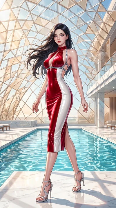 score_9, masterpiece, best quality, ultra-detailed, high-budget anime keyframe, semi-realistic 3D game render, editorial fashion photography, tasteful artistic composition, Korean woman. low angle full-body shot from head to toe showing her feet, fil