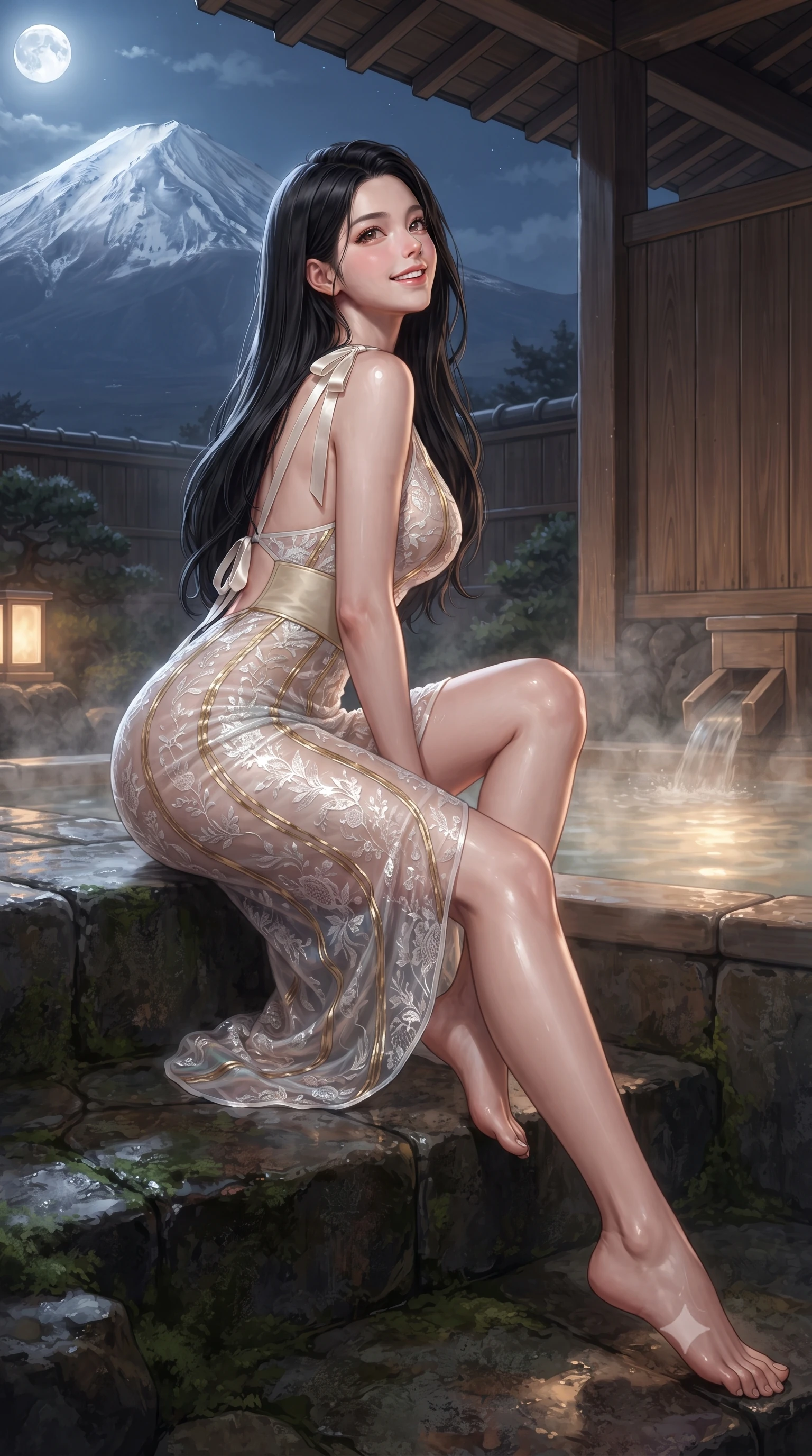 score_9, masterpiece, best quality, ultra-detailed, high-budget anime keyframe, editorial fashion photography, tasteful artistic composition, Korean woman. low angle full-body shot from head to toe showing her feet, filling the entire 9:16 vertical frame with her statuesque presence, stretching her vertical silhouette. sitting poised on the stone steps with one knee bent, arching her spine with supermodel elegance as she glances upward through thick eyelashes while lounging in the steaming water with legs extended, displaying her long slender limbs and statuesque hourglass silhouette against Fuji's peak. The surrounding environment is rendered in vivid detail and crisp panoramic clarity: detailed semi-sheer botanical lace teddy weave, open back ties, and master Japanese woodworking in razor-sharp precision. She has an exceptionally tall and slender model-like 8.5-heads proportion, an ultra-slim waist, a flat toned midriff, narrow delicate ribcage, and beautifully sculpted feminine hips creating a graceful, slim hourglass silhouette without any bulky heaviness, with impossibly long slender legs. sharp v-shaped jawline, high-bridge nose, intricate jewel-like sparkling eyes with depth, thick eyelashes, glossy parted lips with a natural peach sheen, bright cheerful beaming smile with an enchanting and coquettish sensual glint, exuding both youthful cute charm and seductive allure, flawlessly proportioned anatomical accuracy, strict slender model proportions, natural body alignment, perfectly sculpted long slender limbs, ultra-slim waistline, clean dynamic posture without body distortion. wearing a plunge-front sheer illusion tulle slip dress with liquid gold ribbon stripes hugging her curves in pure translucent crystal white and iridescent opal, woven from buttery-soft stretch lambskin leather adhering to her body like a second skin, finished with satin ribbon ties at the shoulders fluttering in the gentle breeze, the form-contouring silhouette accentuating her sculpted flat midriff, narrow delicate ribcage, and gracefully curvy hips with intoxicating allure. bathed in the majestic silver moonlight illuminating the snow peak combined with warm 2400K submerged tub LEDs. ultra-reflective glossy finish, specular highlights, rich textural contrasts, high-contrast stereoscopic depth, volumetric dynamic lighting, 2k, ultra detail, master piece, 9:16 ratio