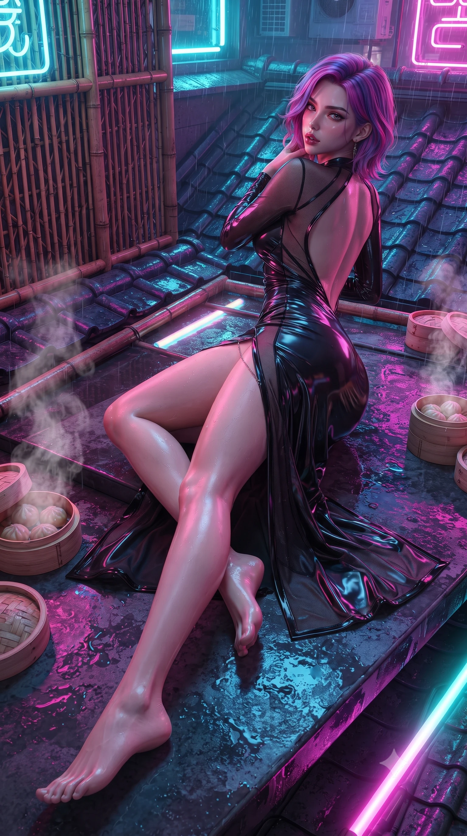 score_9, masterpiece, best quality, ultra-detailed, high-budget anime keyframe, editorial fashion photography, tasteful artistic composition, Caucasian woman. low angle full-body shot from head to toe showing her feet, filling the entire 9:16 vertical frame with her statuesque presence, stretching her vertical silhouette. reclining on her side in an elegant Cleopatra pose with one knee drawn up, the dramatic contour of her rounded hips and long slender legs commanding the 9:16 vertical frame while striding across the neon-drenched rooftop deck as steam curls from dim sum bamboo steamers, her high-slit dress fluttering to reveal her long slender legs. The surrounding environment is rendered in vivid detail and crisp panoramic clarity. sharp bamboo lattice textures, wet ceramic roof tiles, and glowing neon tube reflections in deep focus. She has an absolutely perfect, statuesque 8.5-heads proportion, an exceptionally tall and slender model-like female figure with impossibly long slender legs, a toned flat midriff, an ultra-slim waist, and beautifully sculpted feminine hips. sharp v-shaped jawline, high-bridge nose, intricate jewel-like eyes with depth, thick eyelashes, glossy parted lips with a natural sheen, intensely captivating and seductive bedroom-eyes expression, flawlessly proportioned anatomical accuracy, strict slender model proportions, natural body alignment, perfectly sculpted long slender limbs, ultra-slim waistline, clean dynamic posture without body distortion. wearing a form-contouring wet-look silk wrap dress with asymmetrical sheer mesh cutouts in pitch-black vinyl and specular chrome trim, crafted from flexible reflective spandex and tactical webbing, complemented by a delicate metallic hip chain catching the neon rain caustics, the dramatically scooped open back descending to the base of her spine, accentuating her razor-sharp statuesque lines and curvy hourglass silhouette. surrounded by an enigmatic, sultry, and breathtakingly hypnotic cyber-femme fatale aura. ultra-reflective glossy finish, specular highlights, rich textural contrasts, high-contrast stereoscopic depth, volumetric dynamic lighting, 2k, ultra detail, master piece, 9:16 ratio