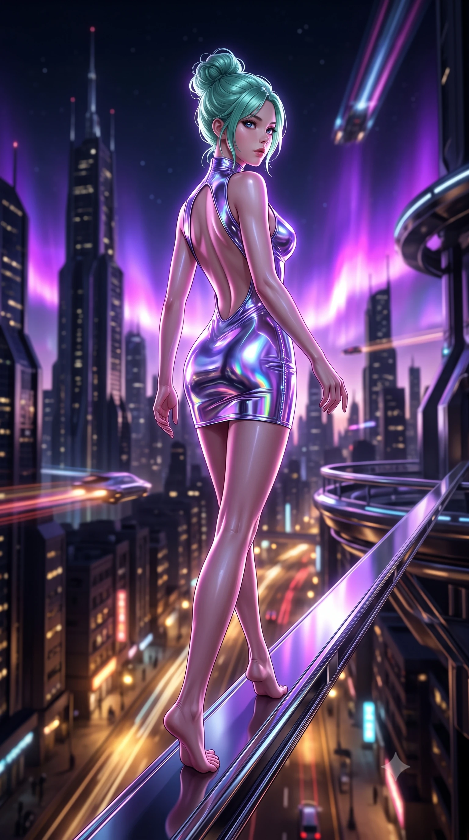 score_9, masterpiece, best quality, ultra-detailed, high-budget anime keyframe, editorial fashion photography, tasteful artistic composition, Japanese woman. low angle full-body shot from head to toe showing her feet, filling the entire 9:16 vertical frame with her statuesque presence, stretching her vertical silhouette. pivoting dynamically in mid-motion with a breathtakingly alluring posture, displaying her flawless model proportions, toned flat midriff, and ultra-slim waist while stepping along a narrow chrome gantry extending into the open night air with commanding supermodel grace. The composition keeps background elements in soft focus with creamy bokeh. futuristic skyscraper spires and flying vehicle light trails softened in atmospheric shallow focus. She has an absolutely perfect, statuesque 8.5-heads proportion, an exceptionally tall and slender model-like female figure with impossibly long slender legs, a toned flat midriff, and an ultra-slim waist. sharp v-shaped jawline, high-bridge nose, intricate jewel-like eyes with depth, thick eyelashes, glossy lips with a natural sheen, flawlessly proportioned anatomical accuracy, strict slender model proportions, natural body alignment, perfectly sculpted long slender limbs, ultra-slim waistline, clean dynamic posture without body distortion. wearing a high-gloss lacquer cyber-couture mini dress with an open-back architectural cut and subtle glowing micro-filaments in iridescent holographic chrome with prism violet highlights, crafted from ultra-reflective second-skin liquid metal with a mirror-like polish, featuring a sleek aerodynamic collar framed by subtle glowing cybernetic accents, the liquid-tight tailored fabric emphasizing every curve of her tall, slender model proportions and sculptured silhouette during dynamic movement. bathed in vivid violet and electric magenta plasma aurora backlighting with golden city ground bounce. ultra-reflective glossy finish, specular highlights, dark metallic sheen, high-contrast stereoscopic depth, volumetric dynamic lighting, 2k, ultra detail, master piece, 9:16 ratio