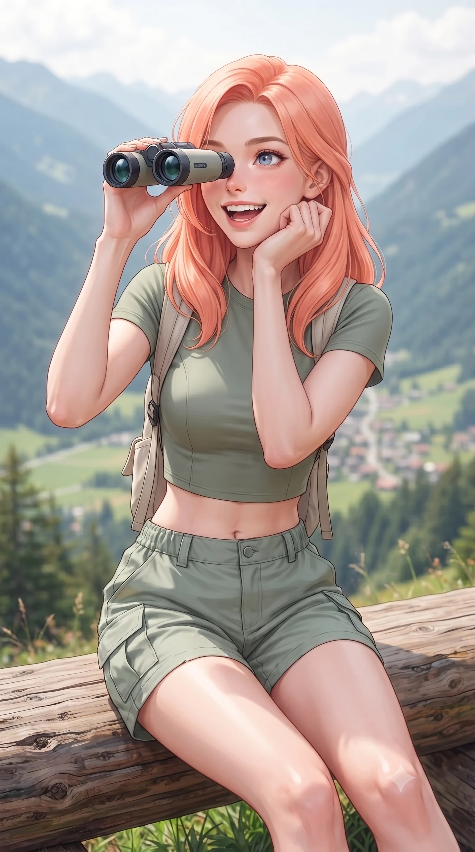 score_9, masterpiece, best quality, ultra-detailed, high-budget anime keyframe, editorial fashion photography, tasteful artistic composition, Japanese woman. close-up cowboy shot from the waist and thighs up, the character dominates the composition, filling the frame with her large presence, background elements kept in soft focus. smiling cutely while resting her chin on her hand, looking directly into the lens set against a soft-focus background of sitting on a rustic log bench overlooking a panoramic mountain valley looking through a pair of binoculars with a happy, excited expression. She has an exceptionally elegant, slender, and willowy female figure with an ultra-slim waist, a gracefully sculpted slender torso, and a refined silhouette. sharp v-shaped jawline, high-bridge nose, intricate jewel-like eyes with depth, thick eyelashes, glossy lips with a natural sheen. wearing tailored stylish crop top in sage green, paired with lightweight cargo shorts. soft diffused daylight creating a clean, high-key panoramic glow. highly saturated vibrant anime colors, detailed shading with soft gradients, rich glossy textures, high-contrast stereoscopic depth, volumetric dynamic lighting, master piece, 9:16 ratio
