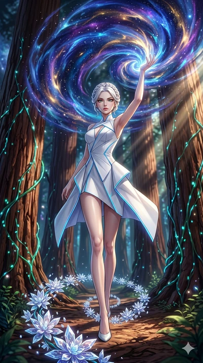 score_9, masterpiece, best quality, ultra-detailed, Set A: High-budget Anime Keyframe, Korean woman. Low angle cowboy shot filling the entire 9:16 frame with her statuesque presence. Theme: Abstract Cosmic. unleashing a massive energy wave in a giant