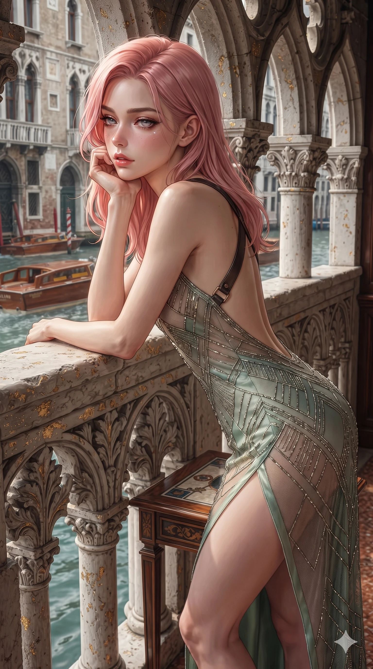 score_9, masterpiece, best quality, ultra-detailed, high-budget anime keyframe, editorial fashion photography, tasteful artistic composition, Japanese woman. close-up cowboy shot from the waist and thighs up, the character dominates the composition, filling the frame with her large presence. resting one elbow on the table and supporting her chin, leaning close to the camera with heavy-lidded sparkling eyes and parted lips while leaning over the carved Istrian stone window sill with hips cocked back, looking through open gothic arches at passing mahogany water taxis with seductive eyes. The surrounding environment is rendered in vivid detail and crisp panoramic clarity: sharp carved gothic leaf scrollwork, weathered gold-foil flecks on stone, and crisp water ripple textures in deep focus. She has an exceptionally elegant, slender, and willowy female figure with an ultra-slim waist, flat toned midriff, narrow ribcage, and sculpted feminine hips creating an alluring, slim hourglass silhouette without bulk. sharp v-shaped jawline, high-bridge nose, intricate jewel-like sparkling eyes with depth, thick eyelashes, glossy parted lips with a natural sheen, intensely captivating and seductive bedroom-eyes expression, exuding both youthful cute charm and sovereign luxury allure, flawlessly proportioned anatomical accuracy, strict slender model proportions, natural body alignment, perfectly sculpted long slender limbs, ultra-slim waistline, clean dynamic posture without body distortion. wearing a sheer vintage mesh flapper dress adorned with intricate geometric beadwork over an opaque silk micro-slip in celadon jade and antique gold-leaf, woven from high-density tech-wool with subtle metallic thread weave, featuring an open-back criss-cross harness strap in dark leather, the high-slit wrap tailoring accentuating her ultra-slim waistline and the enchanting curve of her feminine hips with alluring seductive charm. illuminated by terracotta floor bounce and sharp champagne-gold rim lights defining her razor-sharp jawline, narrow waist, and curvy hips. ultra-reflective glossy finish, specular highlights, rich textural contrasts, high-contrast stereoscopic depth, volumetric dynamic lighting, 2k, ultra detail, master piece, 9:16 ratio