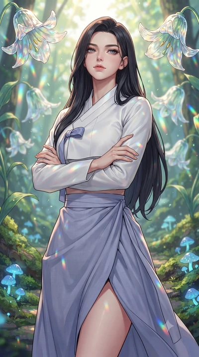 score_9, masterpiece, best quality, ultra-detailed, high-budget anime keyframe, gorgeous anime illustration, with clean line-art and distinct ink outlines, Korean woman. close-up cowboy shot from the waist and thighs up, the character dominates the c