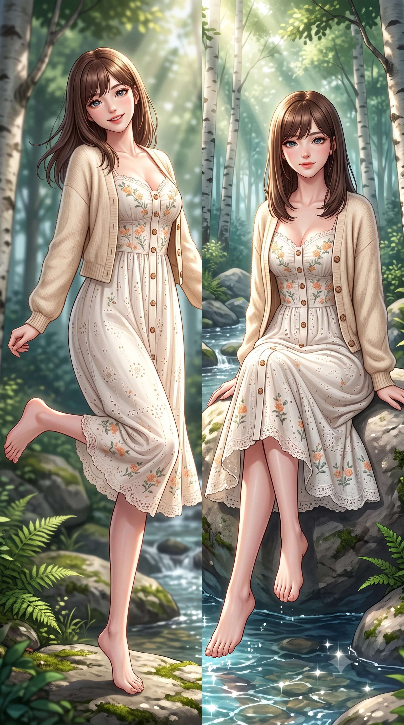 score_9, masterpiece, best quality, ultra-detailed, high-budget anime keyframe, semi-realistic 3D game render, editorial fashion photography, tasteful artistic composition, Korean woman. low angle full-body shot from head to toe showing her feet, filling the entire 9:16 vertical frame with her statuesque presence, stretching her vertical silhouette. standing poised on one leg with a playful hop and joyful expression, her long legs and slender figure highlighted against the landscape while sitting on a smooth river stone dangling her bare feet near the sparkling water, smiling sweetly into the lens. The surrounding environment is rendered in vivid detail and crisp panoramic clarity. intricate woodland chiaroscuro and pristine natural forest ecosystems captured with precision. She has an absolutely perfect, statuesque 8.5-heads proportion, an exceptionally tall and slender model-like female figure with impossibly long slender legs, a toned flat midriff, and an ultra-slim waist. sharp v-shaped jawline, high-bridge nose, intricate jewel-like eyes with depth, thick eyelashes, glossy lips with a natural sheen, pure and lovely fresh girlhood expression, flawlessly proportioned anatomical accuracy, strict slender model proportions, natural body alignment, perfectly sculpted long slender limbs, ultra-slim waistline, clean dynamic posture without body distortion. wearing an airy eyelet lace cotton midi dress with a sweetheart neckline and wooden front buttons in warm apricot and sage green, knitted from ultra-soft cozy baby-cashmere yarn, complemented by subtle floral embroidery along the neckline and hem, the relaxed yet flattering fit accentuating her naturally graceful and slender figure, highlighting her youthful charm and lovely silhouette. bathed in heavenly volumetric sunbeams piercing through the dense birch canopy. highly saturated vibrant anime colors, detailed shading with soft gradients, rich glossy textures, high-contrast stereoscopic depth, volumetric dynamic lighting, master piece, 9:16 ratio