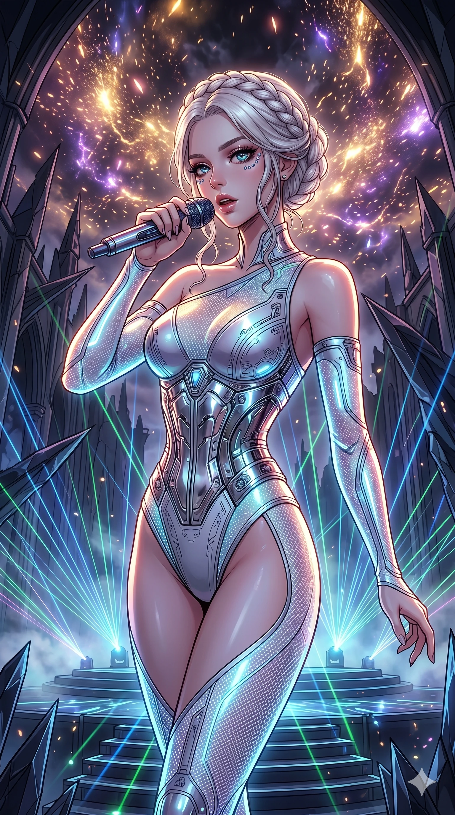 score_9, masterpiece, best quality, ultra-detailed, high-budget anime movie keyframe, cinematic anime lighting, intricate line art, Japanese woman. Upper body filling screen focusing on her alluring features and slim-fit silhouette. singing on a laser stage in a gothic obsidian tower in a storm of sparks. She has an absolutely perfect 8-heads proportion, an exceptionally tall and slender female figure with an ultra-slim waist and impossibly long slender legs. sharp v-shaped jawline, high-bridge nose, intricate jewel-like eyes, thick eyelashes, glossy lips. Wearing asymmetrical high-cut tech-bodysuit with detached glowing sleeves, chrome-plated mechanical corset, and bioluminescent mesh panels clinging to her slender figure. The scene is illuminated by dramatic atmospheric lighting and vibrant color palettes. , 2k, ultra detail, master piece, 9:16 ratio