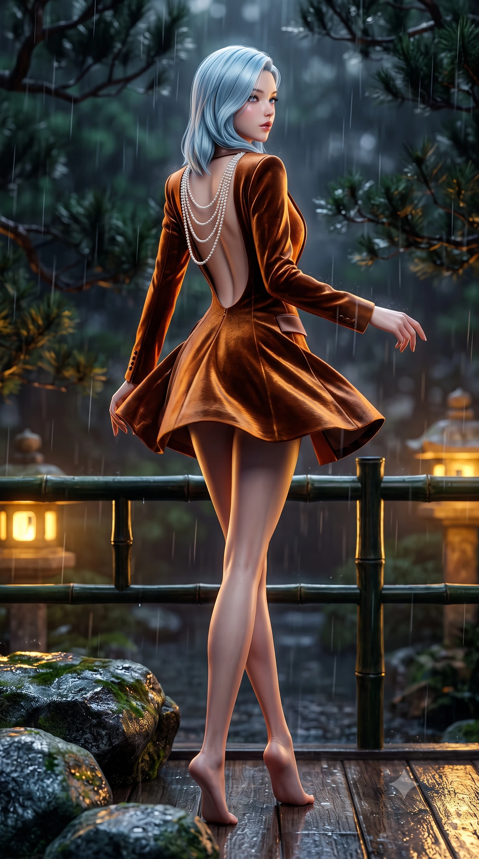 score_9, masterpiece, best quality, ultra-detailed, high-budget anime keyframe, semi-realistic 3D game render, editorial fashion photography, tasteful artistic composition, Korean woman. low angle full-body shot from head to toe showing her feet, filling the entire 9:16 vertical frame with her statuesque presence, stretching her vertical silhouette. executing an elegant mid-motion pivot turn as garments swirl around her slender limbs, glancing over her shoulder with an intoxicating bedroom-gaze while leaning against the dark bamboo veranda railing with lower back arched, gazing into the raindrops with parted glossy lips. The composition keeps background elements in soft focus with creamy bokeh. rain-slicked mossy boulders and dark pine branches blurred into deep emerald, warm amber, and charcoal-rain bokeh. She has an exceptionally tall and slender model-like 8.5-heads proportion, an ultra-slim waist, a flat toned midriff, narrow delicate ribcage, and beautifully sculpted feminine hips creating a graceful, slim hourglass silhouette without any bulky heaviness, with impossibly long slender legs. sharp v-shaped jawline, high-bridge nose, intricate jewel-like eyes with depth, thick eyelashes, glossy parted lips with a natural sheen, intensely captivating and seductive bedroom-eyes expression, flawlessly proportioned anatomical accuracy, strict slender model proportions, natural body alignment, perfectly sculpted long slender limbs, ultra-slim waistline, clean dynamic posture without body distortion. wearing a tailored velvet tuxedo jacket dress with satin lapels, worn with a deep plunge neckline and gold hip buckle in rich copper bronze and warm amber, crafted from luxurious metallic lamé that shifts radiance with every step, accented with a multi-strand pearl back necklace cascading down her bare spine to her hips, the dramatically scooped open back descending to the base of her spine, accentuating her razor-sharp statuesque lines and slim hourglass silhouette. bathed in soft rain-drenched cool ambient daylight and warm golden stone lantern downlights. highly saturated vibrant anime colors, detailed shading with soft gradients, rich glossy textures, high-contrast stereoscopic depth, volumetric dynamic lighting, master piece, 9:16 ratio