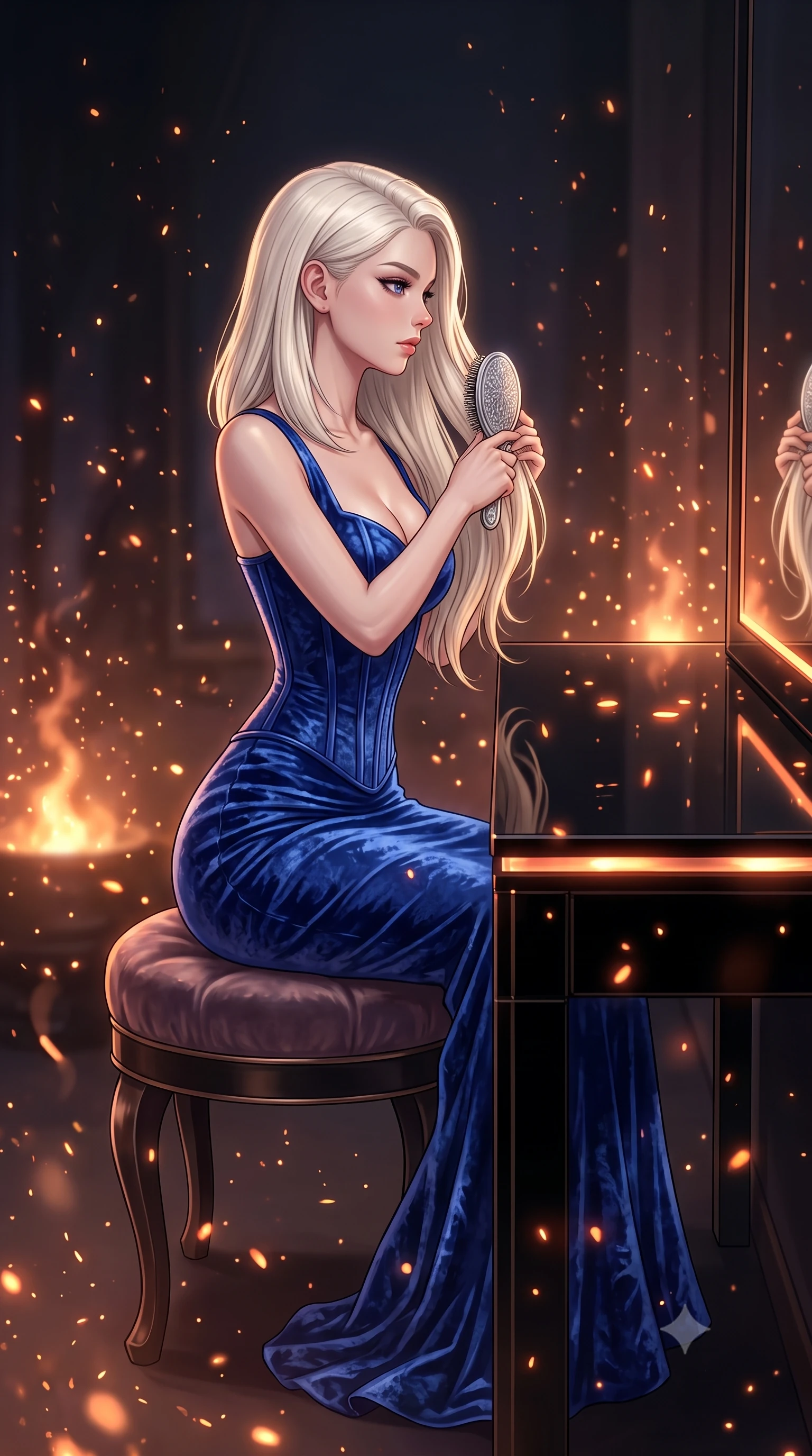 score_9, masterpiece, best quality, ultra-detailed, High-budget Anime Keyframe, Caucasian woman, strictly human ears. Dynamic full-body shot stretching the vertical silhouette to the limit. Scenario 411: brushing her hair while seated before a vanity of black glass in a quiet chamber filled with glowing embers and floating ash particles. Her presence is magnetic and overpowering in this high-budget anime scene. Outfit 411: a form-contouring cobalt blue crushed velvet corset dress layered over a structured corset bodice. The clothing is designed to emphasize her exceptionally tall and slender 8-heads proportion. 8-heads proportion, towering silhouette, ultra-slim waist. sharp v-shaped jawline, intricate jewel-like eyes with depth, thick eyelashes, glossy lips. 2k, ultra detail, master piece, 9:16 ratio