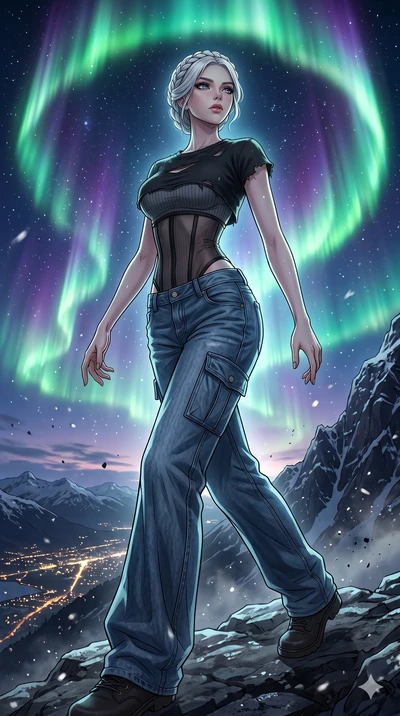 score_9, masterpiece, best quality, ultra-detailed, high-budget anime movie keyframe, cinematic anime lighting, intricate line art, Caucasian (strictly human ears) woman. Low angle cowboy shot capturing a powerful motion and statuesque presence. stan