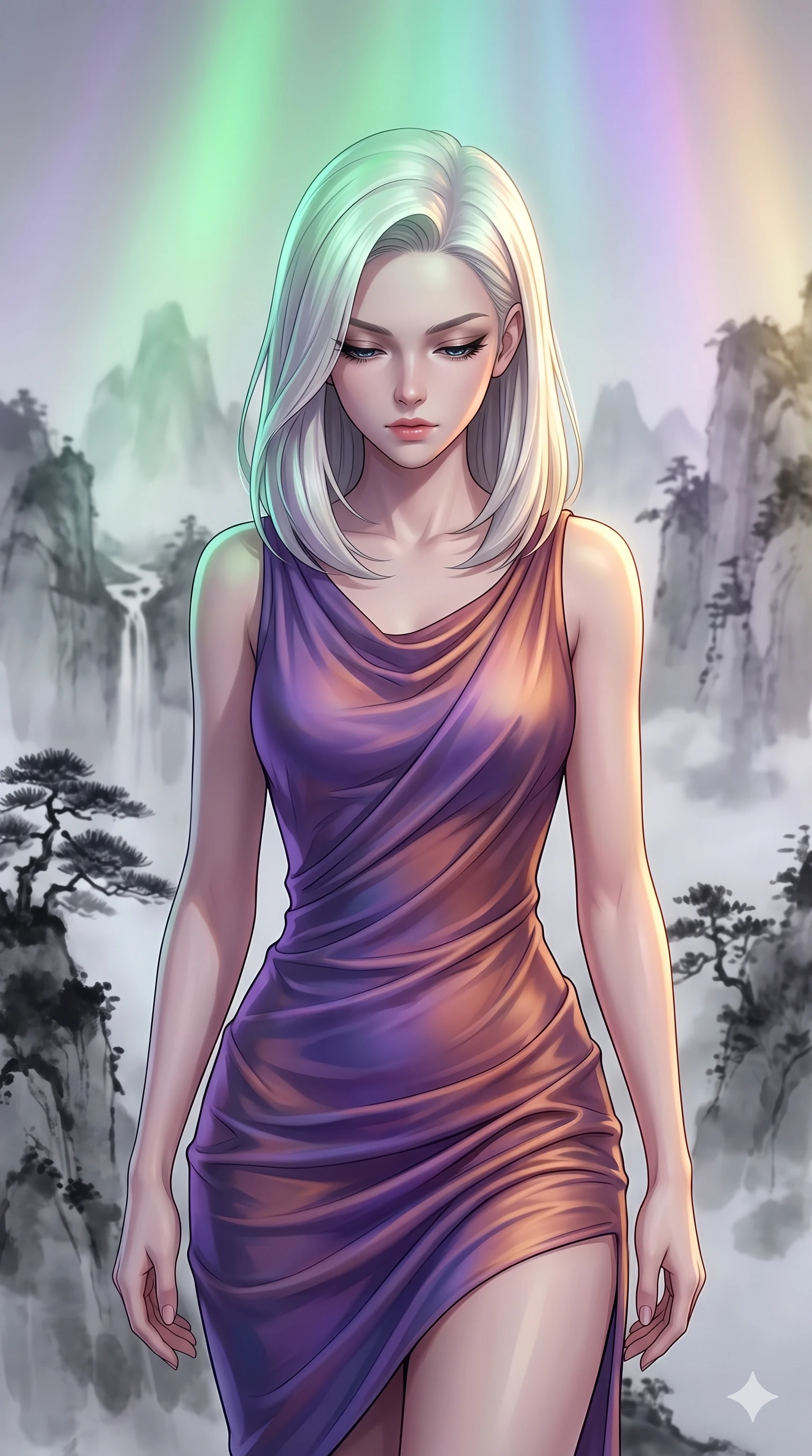 score_9, masterpiece, best quality, ultra-detailed, high-budget anime keyframe, editorial fashion photography, tasteful artistic composition, Caucasian woman, strictly human ears. close-up cowboy shot from the waist and thighs up, the character dominates the composition, filling the frame with her large presence, background elements kept in soft focus. Looking down with lowered lashes and a composed powerful expression. set against a soft-focus background of suspended inside a three-dimensional Chinese ink wash painting where misty monochrome mountains streams and pine trees float in mid-air rendered in translucent gradations of black ink. She has an exceptionally elegant and slender, willowy female figure with an ultra-slim waist, a gracefully sculpted slender torso, and a refined slim physique. sharp v-shaped jawline, high-bridge nose, intricate jewel-like eyes with depth, thick eyelashes, glossy lips with a natural sheen. wearing a draped jersey dress in a shifting violet and copper gradient, the fluid fabric clinging to her slender hips and waist with every motion. illuminated by a shifting aurora palette of green violet and gold from above. 2k, ultra detail, master piece, 9:16 ratio